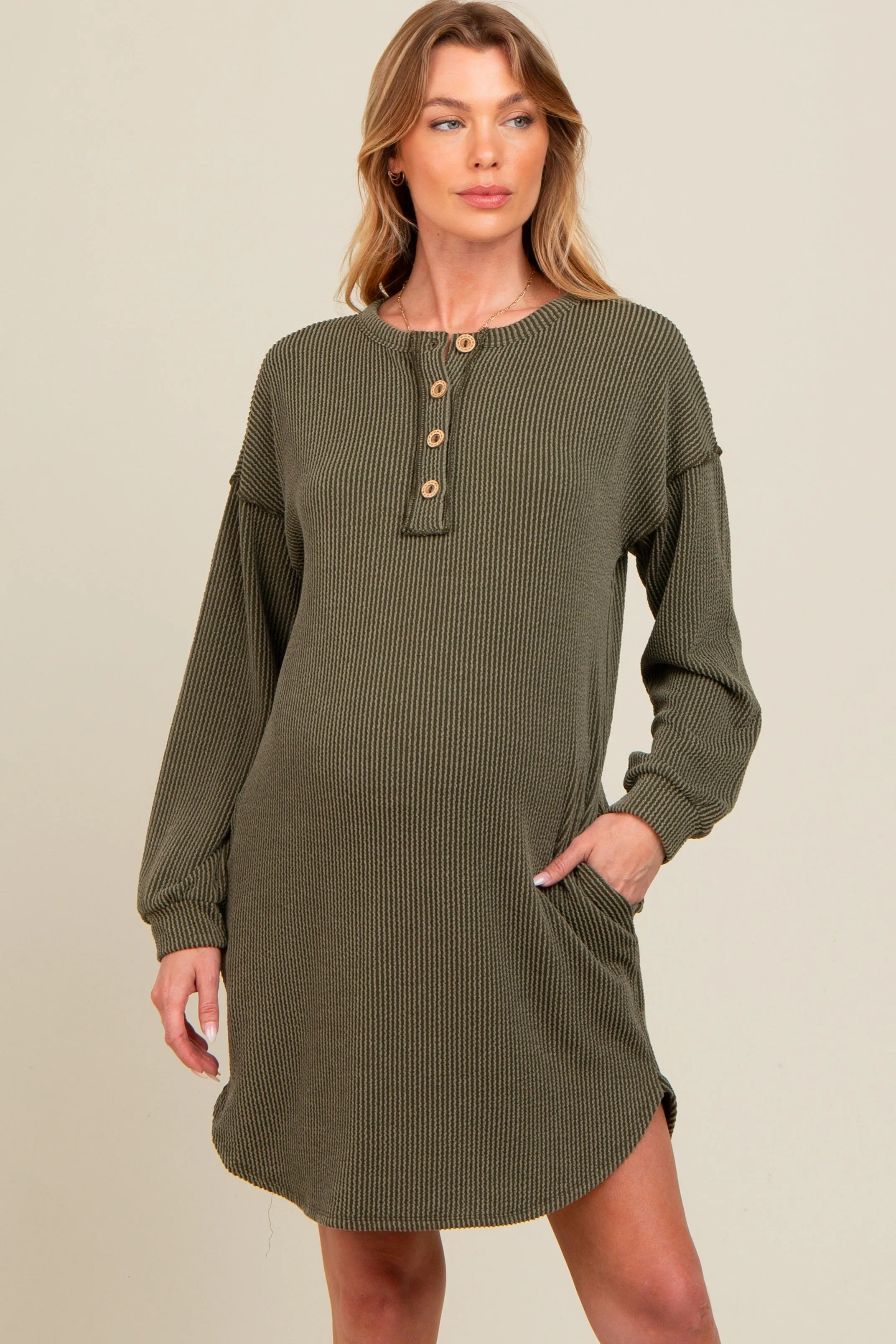 Olive Ribbed Button Accent Maternity Dress sold by Pinkblush