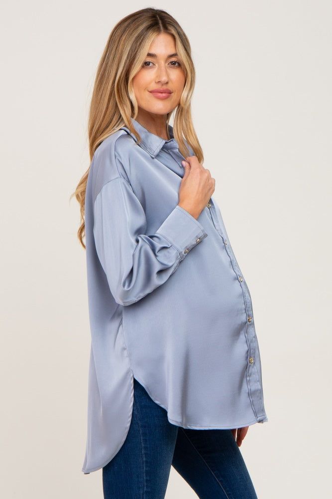 Blue Satin Button Up Maternity Blouse sold by Pinkblush product image thumbnail 2