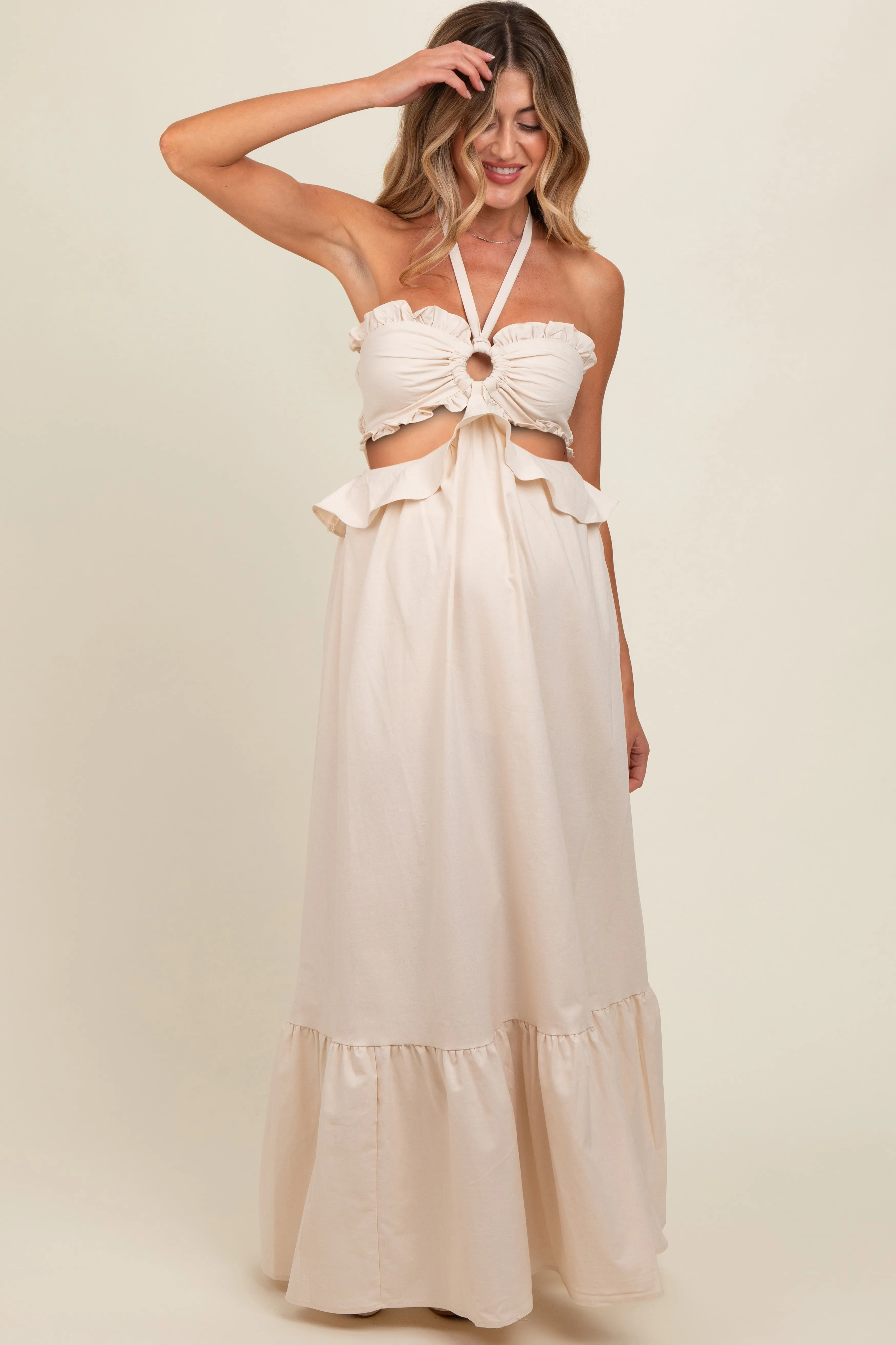 Cream Ruffle Top Cutout Linen Halter Maternity Maxi Dress sold by Pinkblush