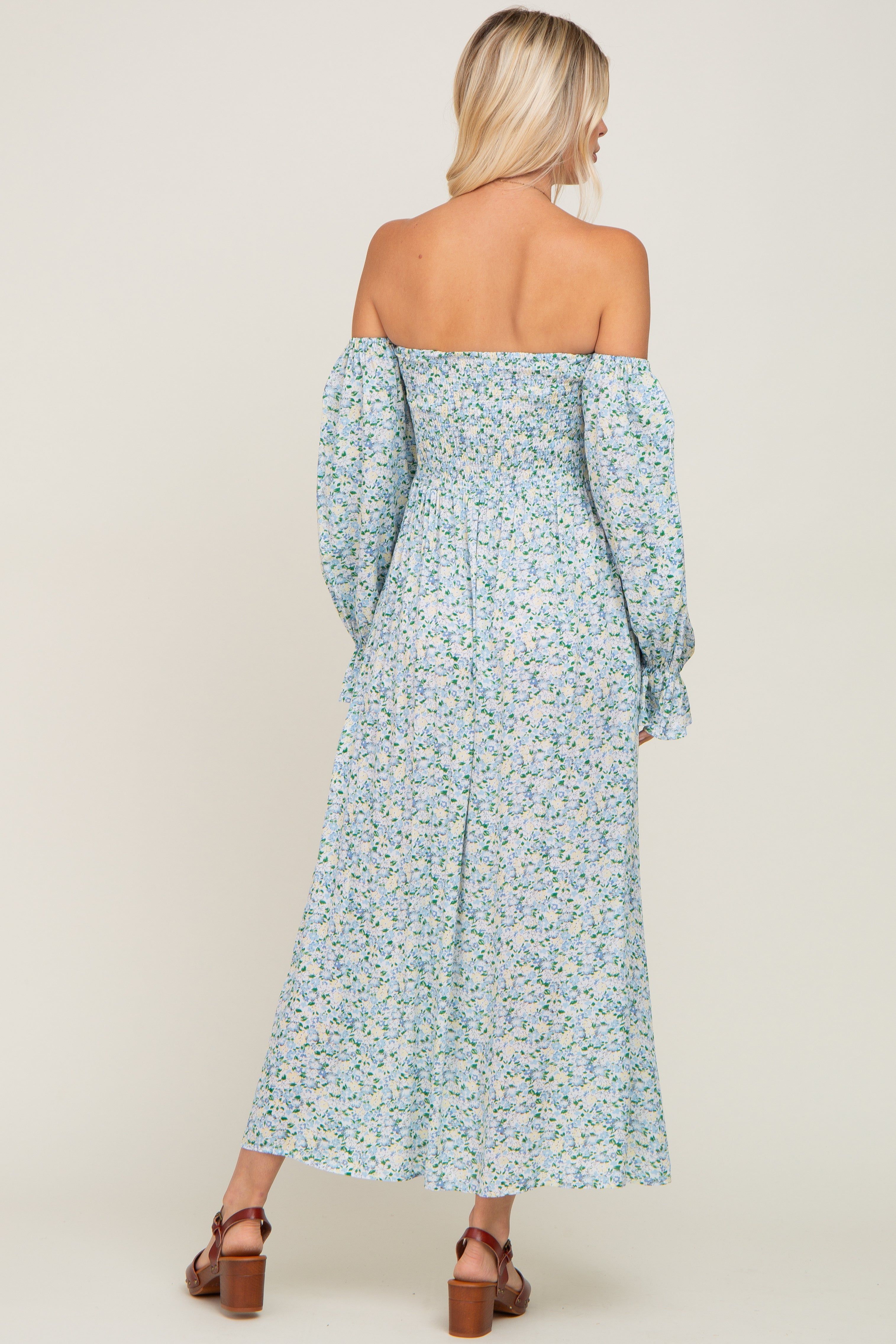 Light Blue Floral Off Shoulder Long Sleeve Maxi Dress sold by Pinkblush product image thumbnail 3
