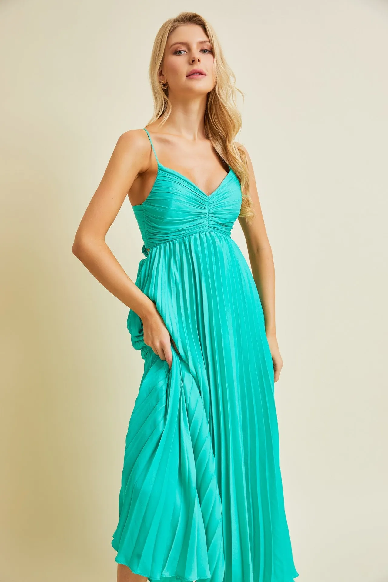 Turquoise Pleated Back Cutout Tie Maxi Dress sold by Pinkblush product image thumbnail 4