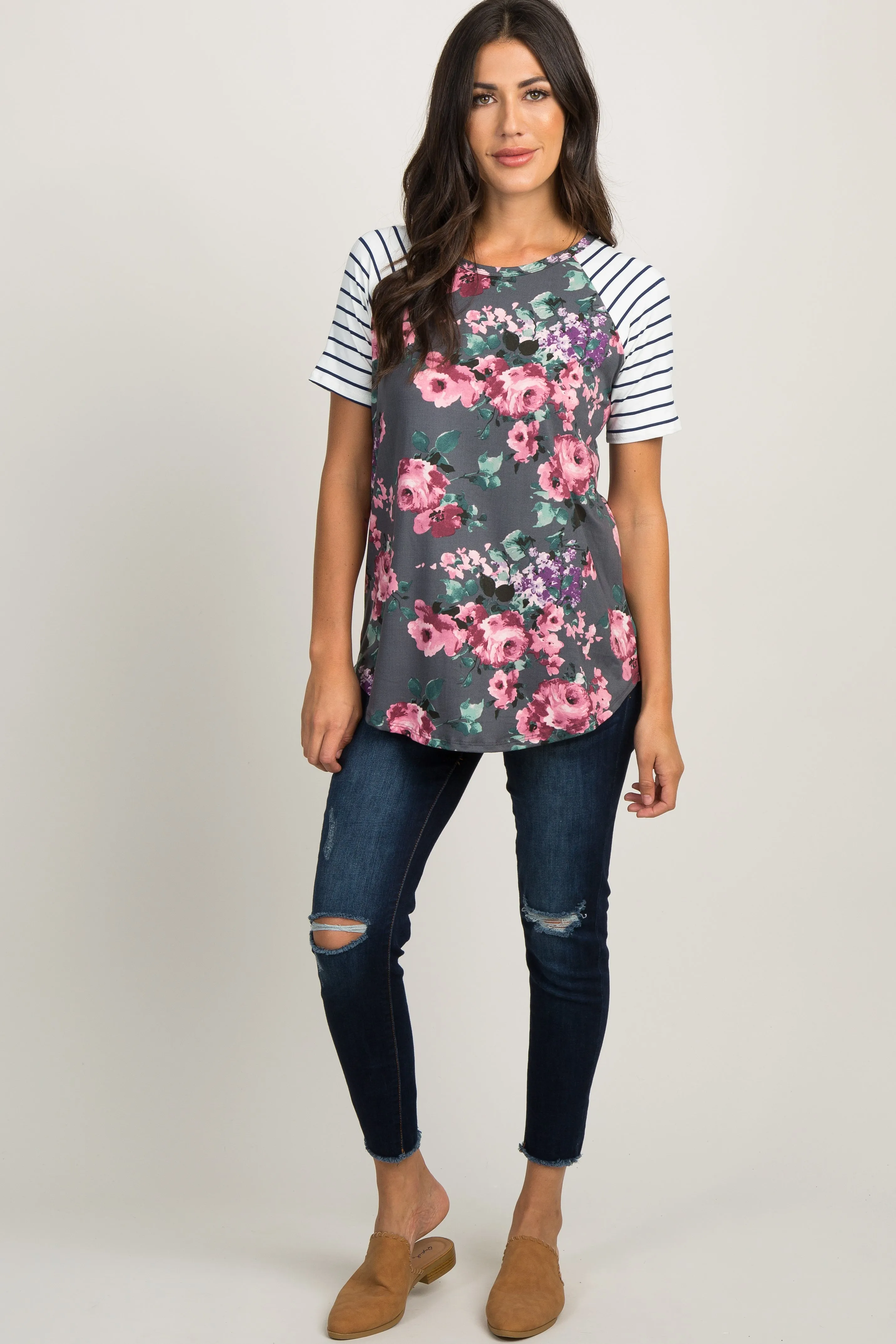 Charcoal Floral Colorblock Striped Top sold by Pinkblush product image thumbnail 4