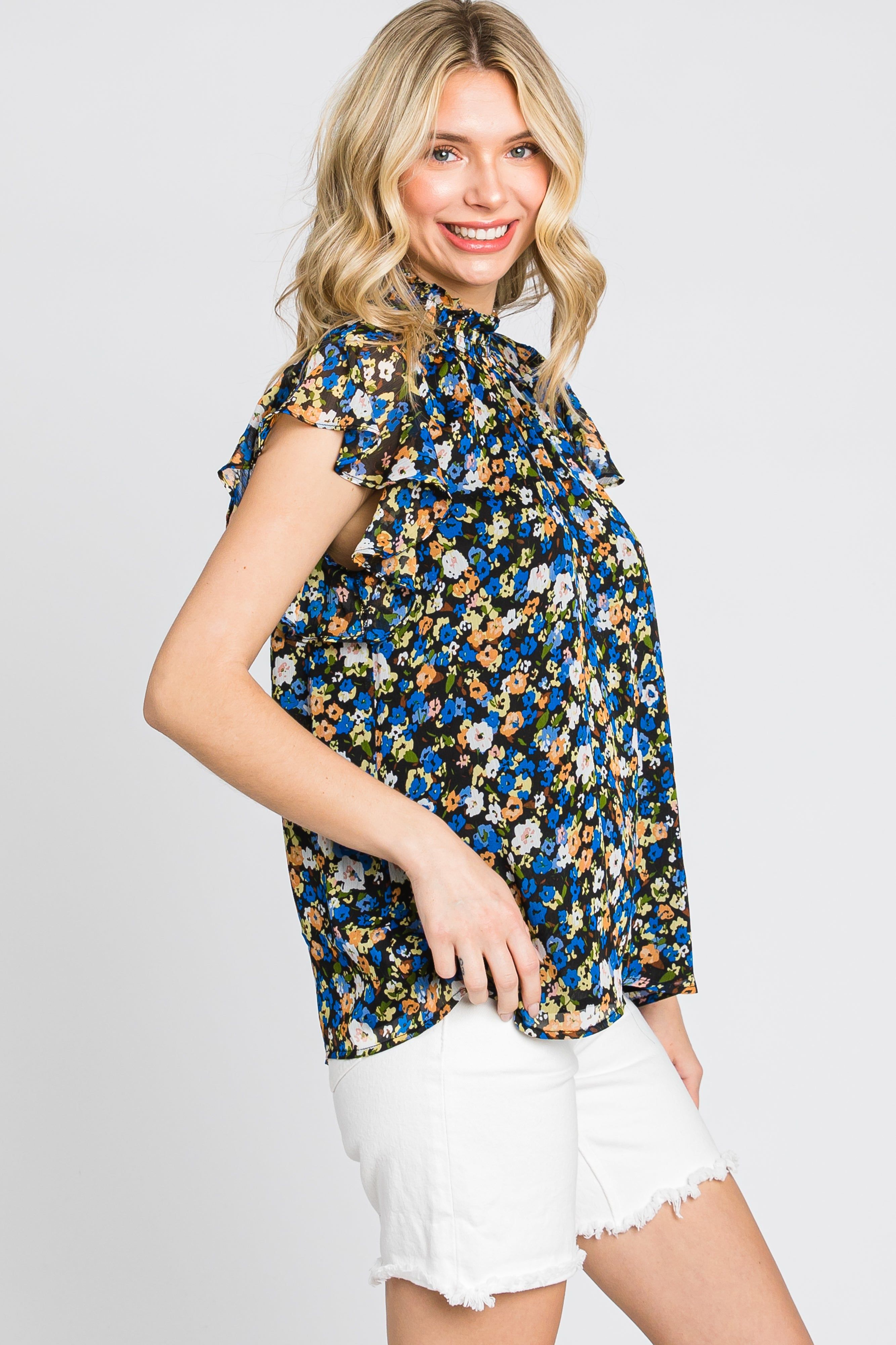 Black Floral Smocked Mock Neck Blouse sold by Pinkblush product image thumbnail 3