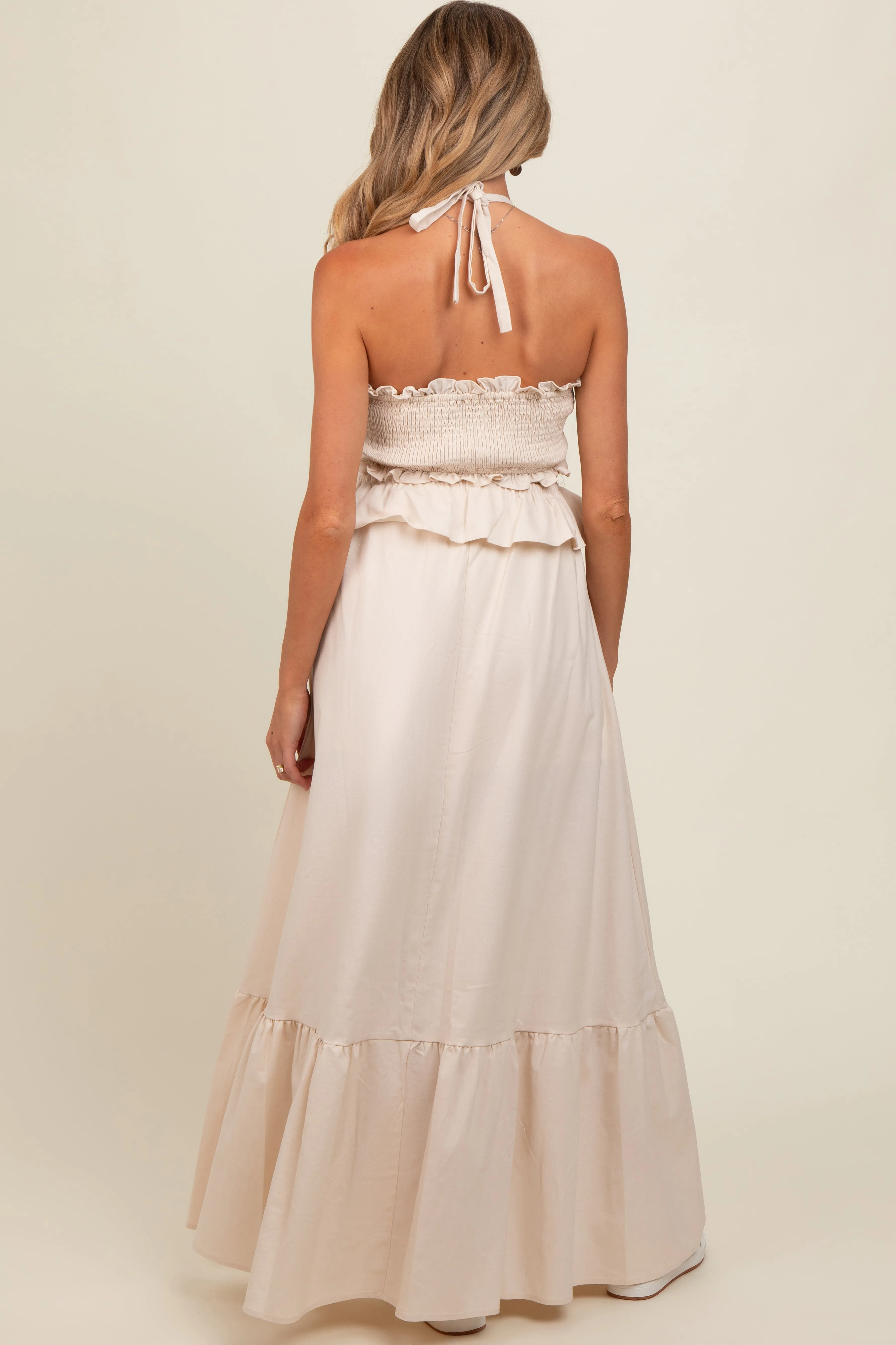 Cream Ruffle Top Cutout Linen Halter Maternity Maxi Dress sold by Pinkblush product image thumbnail 2
