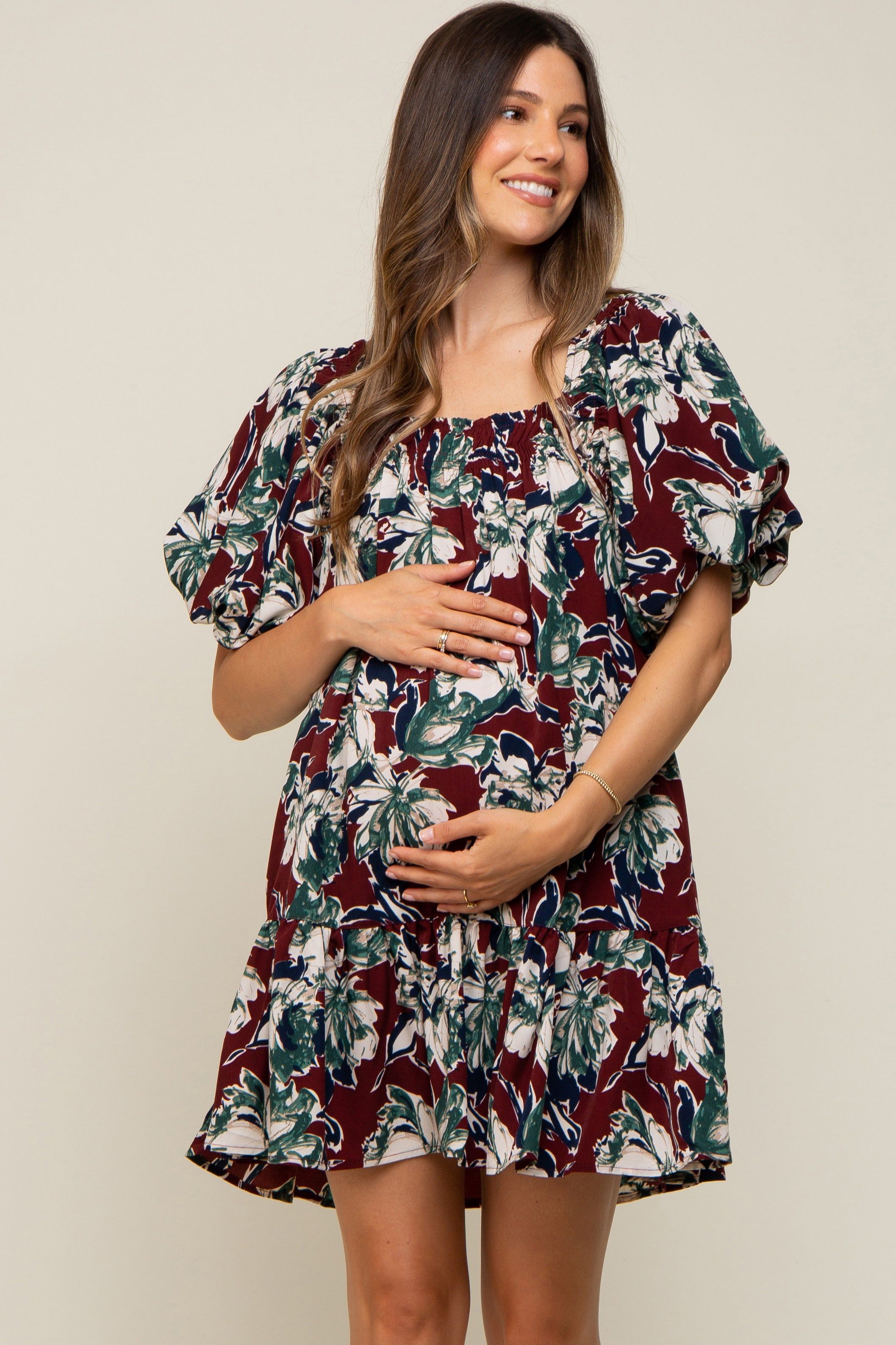 Burgundy Floral Puff Sleeve Maternity Dress sold by Pinkblush product image thumbnail 2