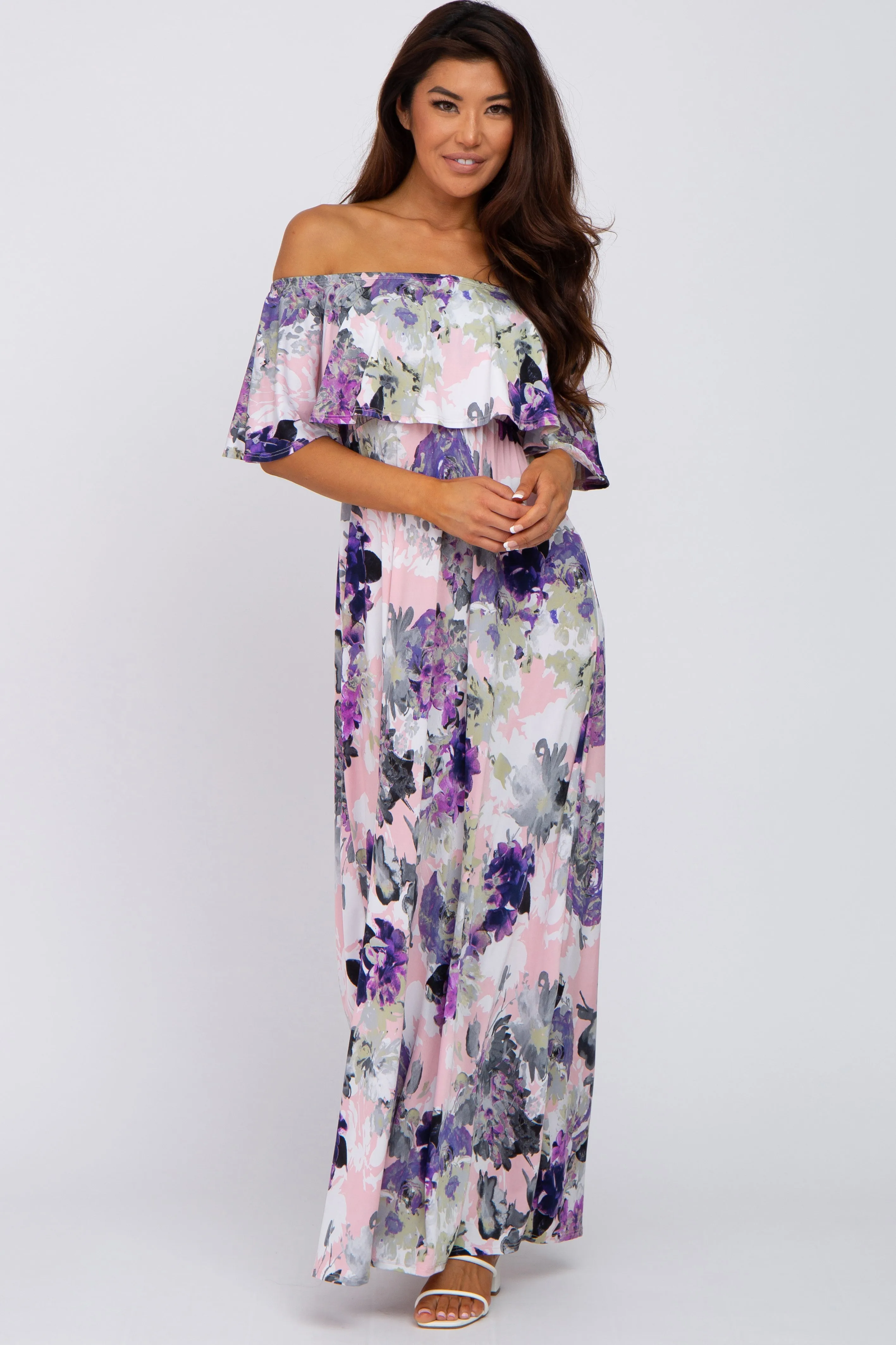 Purple Floral Ruffle Off Shoulder Maternity Maxi Dress sold by Pinkblush product image thumbnail 4