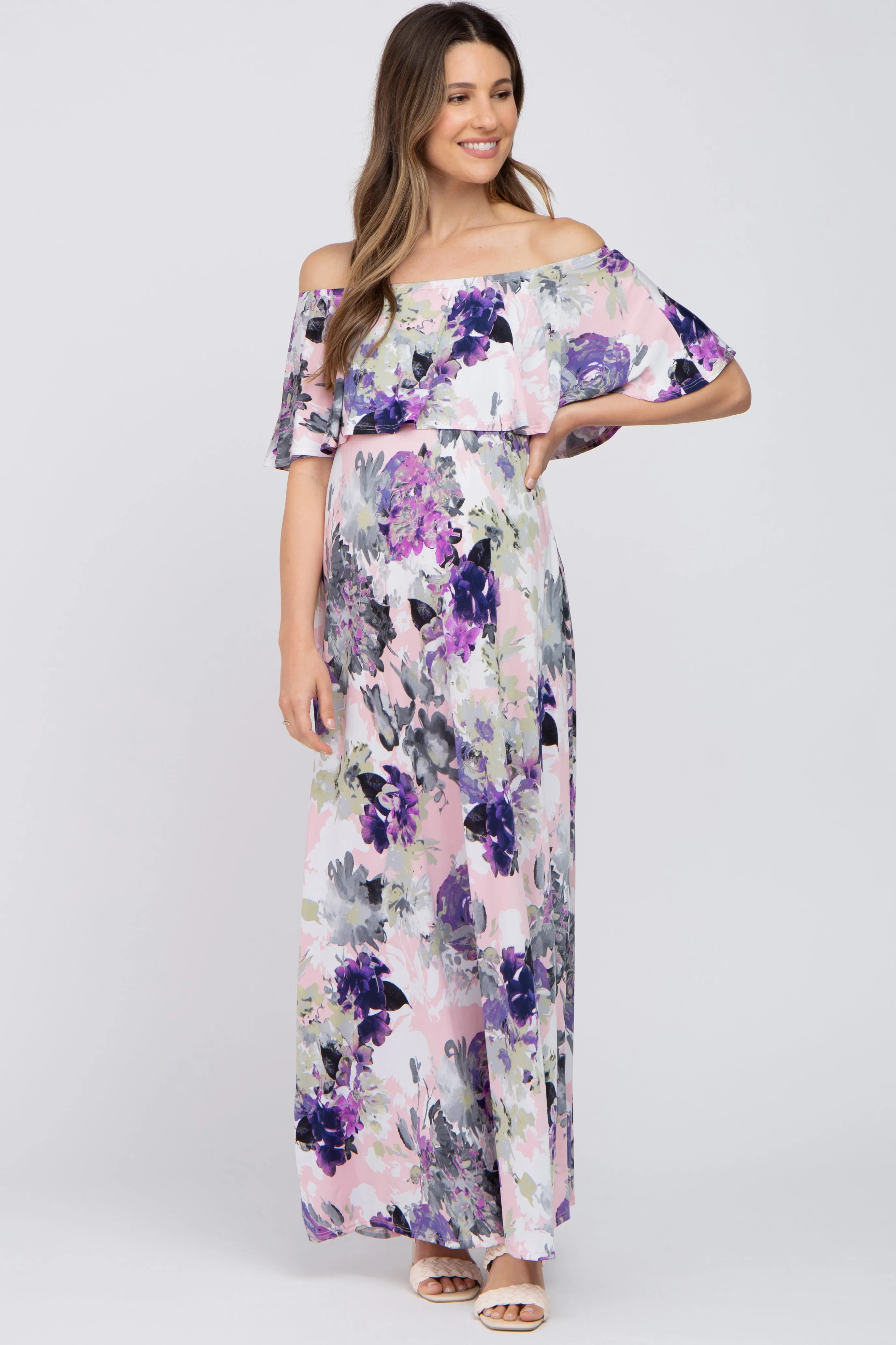Purple Floral Ruffle Off Shoulder Maternity Maxi Dress sold by Pinkblush