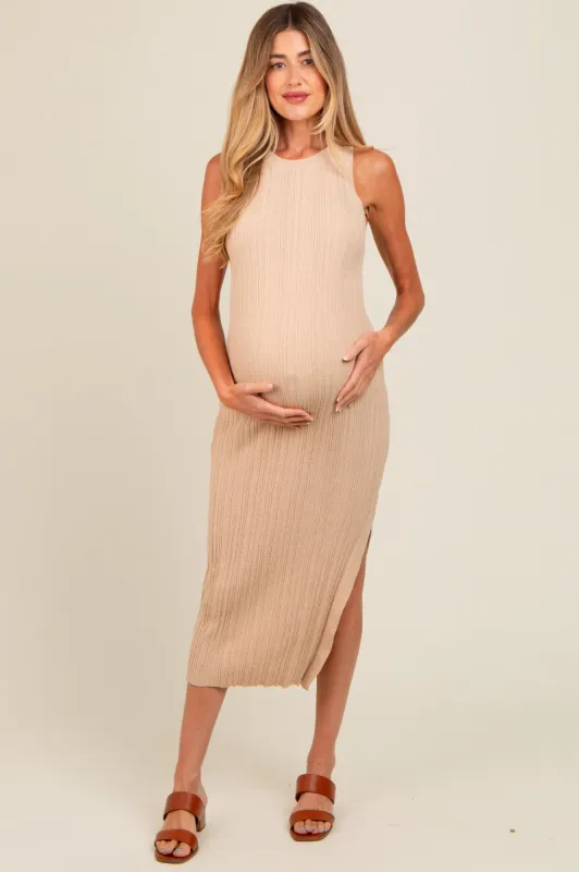 Beige Ribbed Side Slit Sleeveless Maternity Midi Dress sold by Pinkblush
