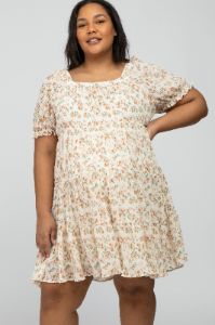 Ivory Floral Pleated Square Neck Maternity Plus Dress sold by Pinkblush