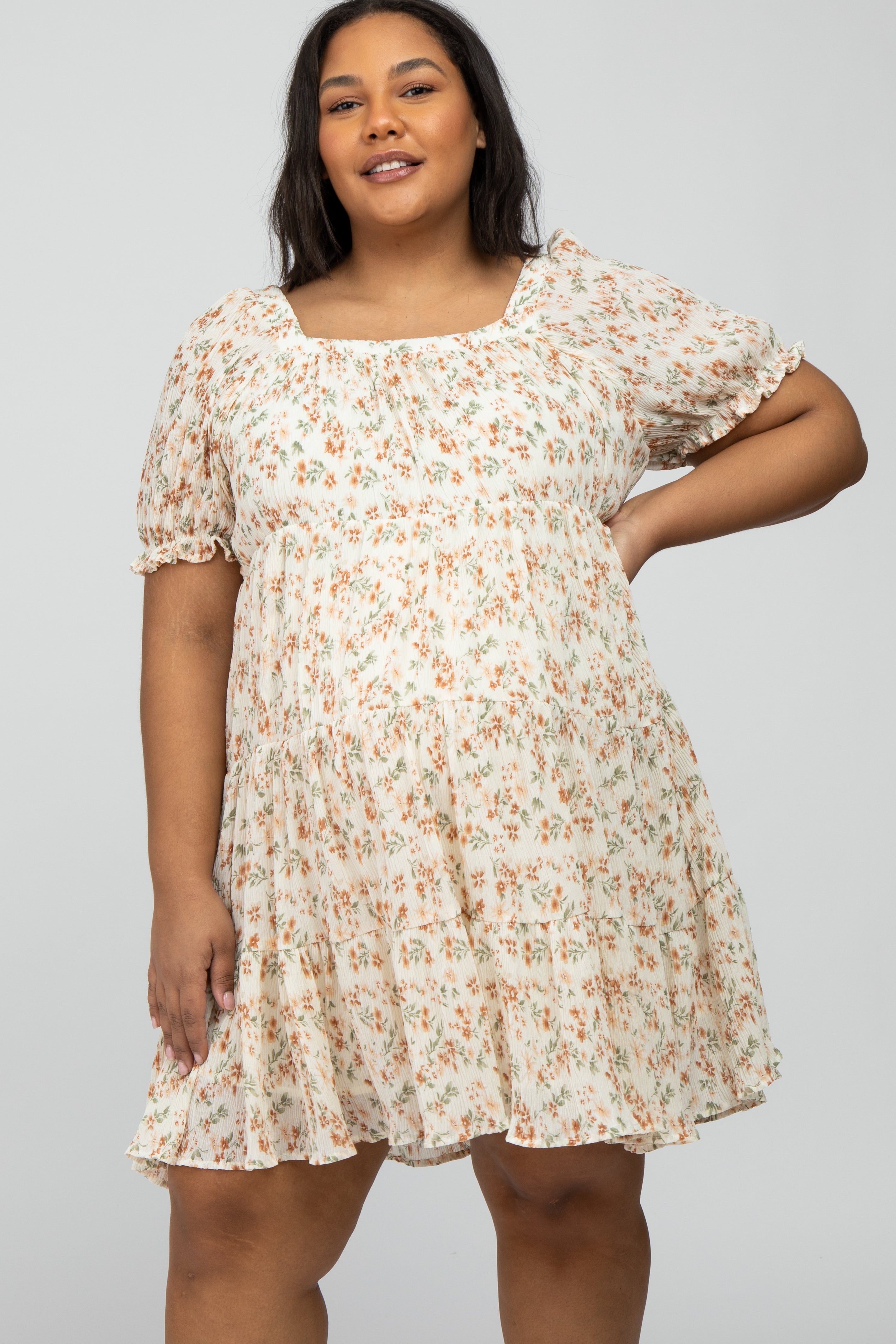 Ivory Floral Pleated Square Neck Maternity Plus Dress sold by Pinkblush product image thumbnail 2