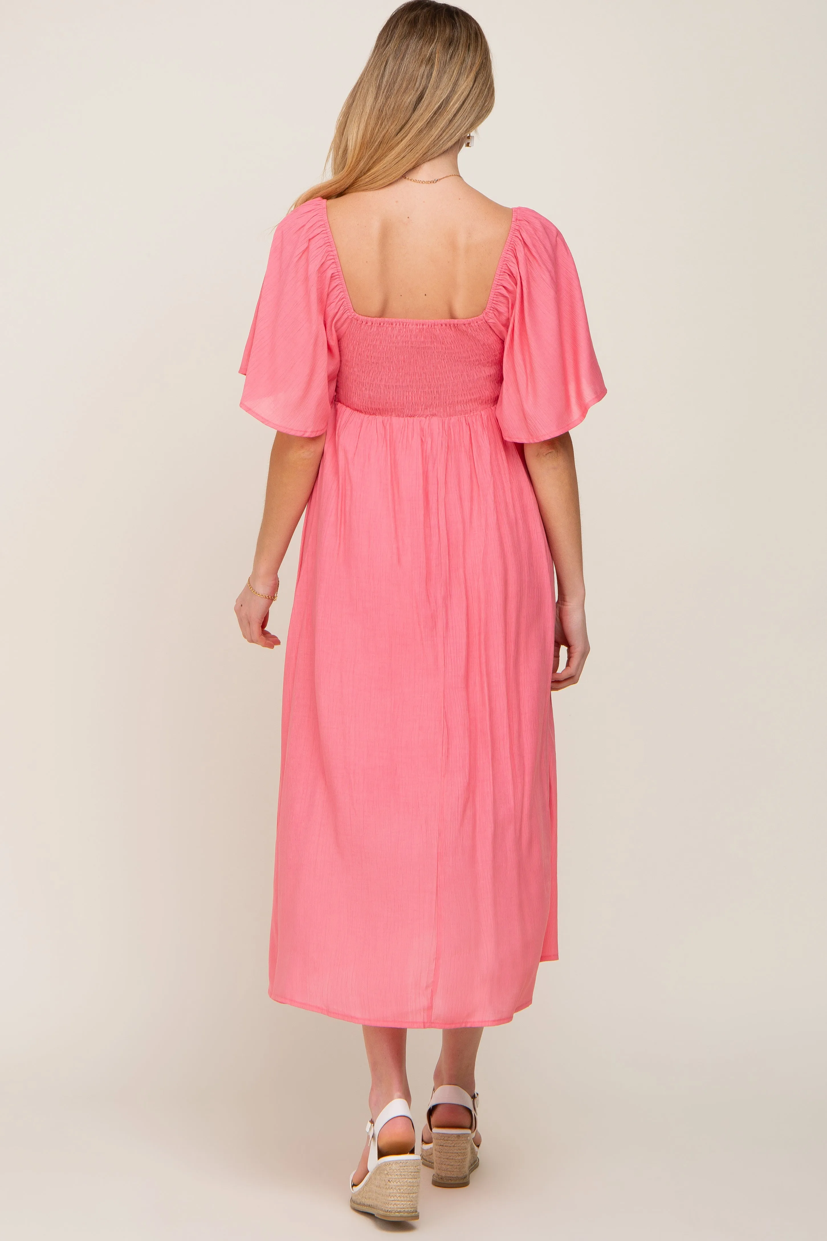 Coral Front Tie Ruffle Sleeve Maternity Midi Dress sold by Pinkblush product image thumbnail 3