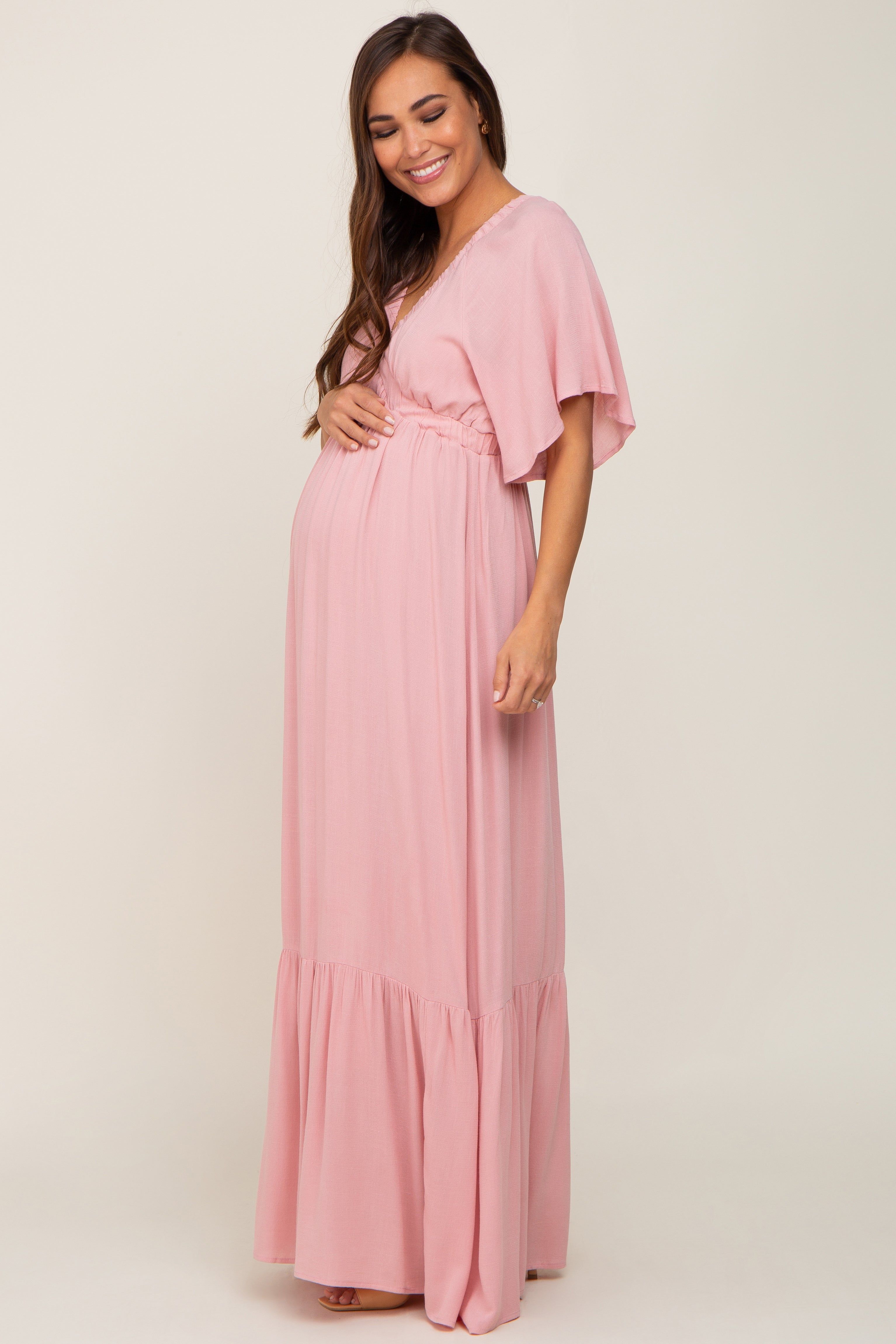 Light Pink V-Neck Flounce Sleeve Maternity Maxi Dress sold by Pinkblush product image thumbnail 2