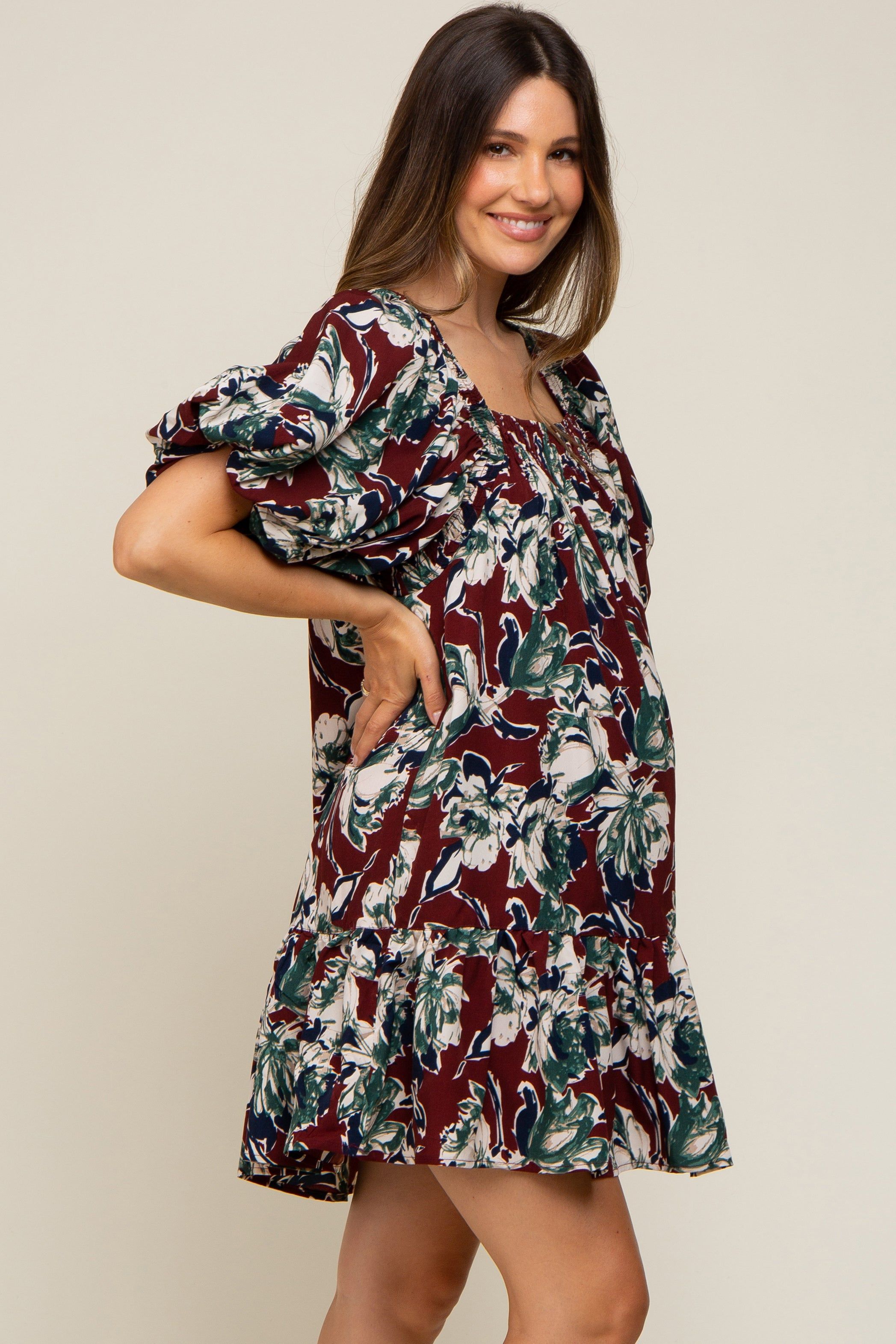 Burgundy Floral Puff Sleeve Maternity Dress sold by Pinkblush product image thumbnail 3