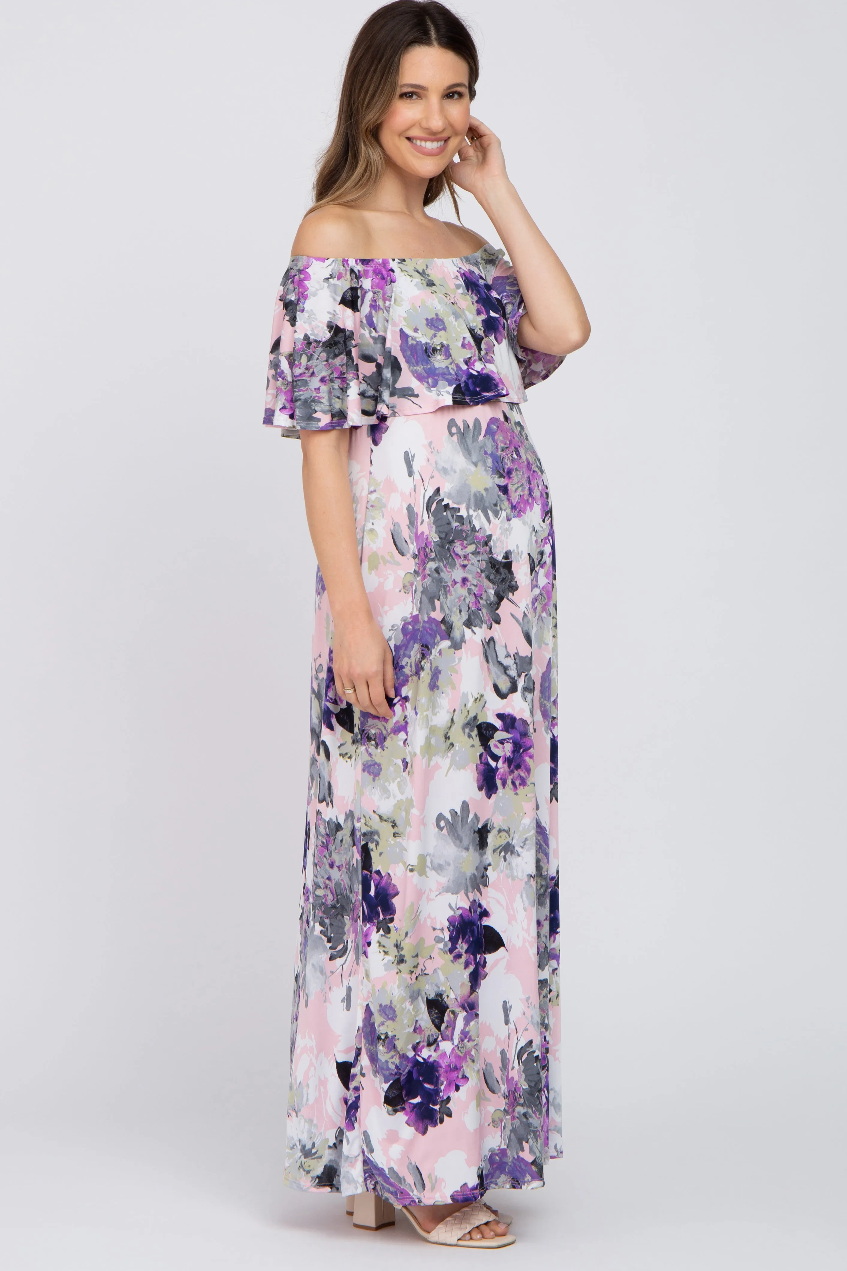 Purple Floral Ruffle Off Shoulder Maternity Maxi Dress sold by Pinkblush product image thumbnail 2