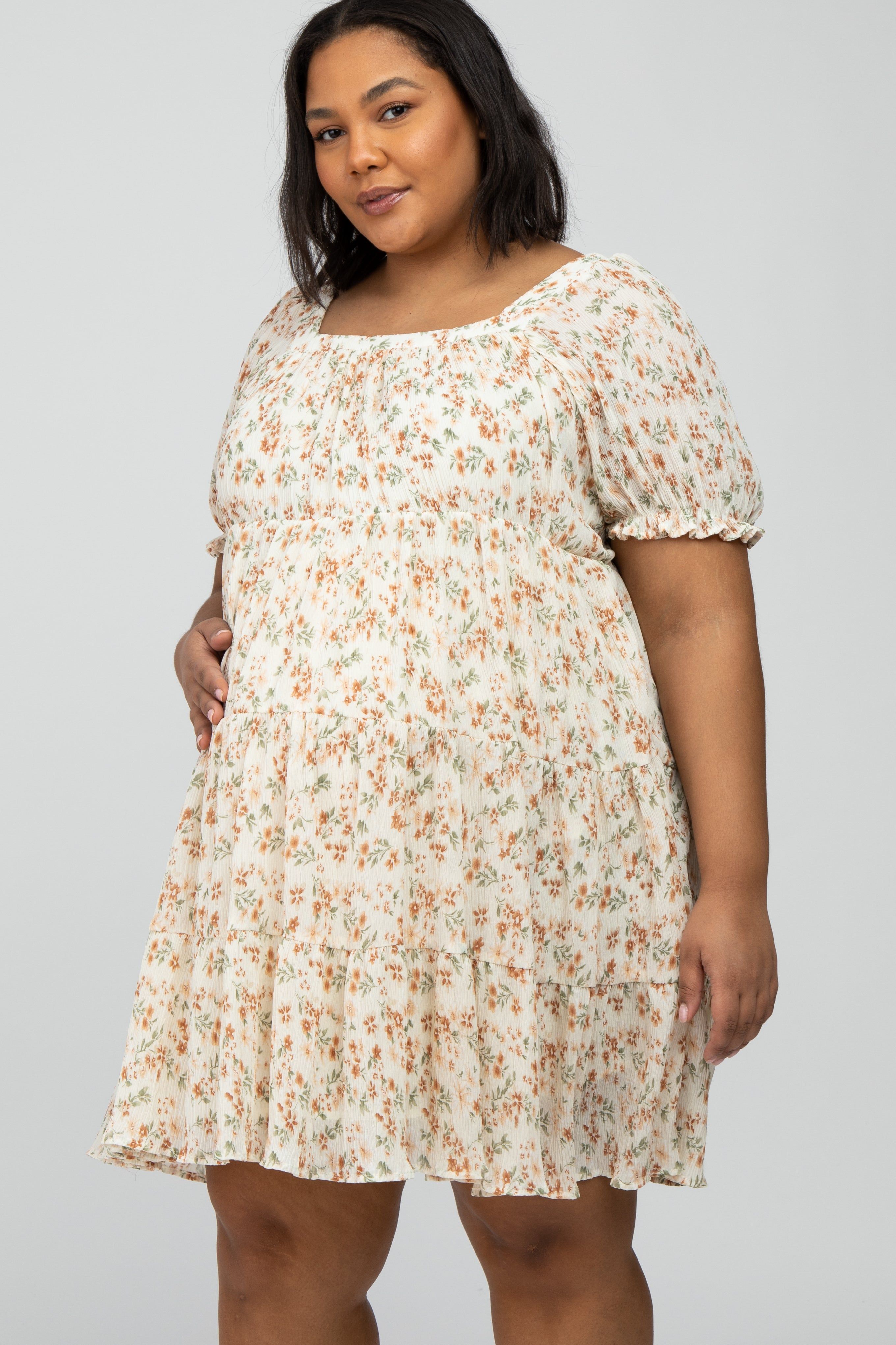 Ivory Floral Pleated Square Neck Maternity Plus Dress sold by Pinkblush product image thumbnail 3