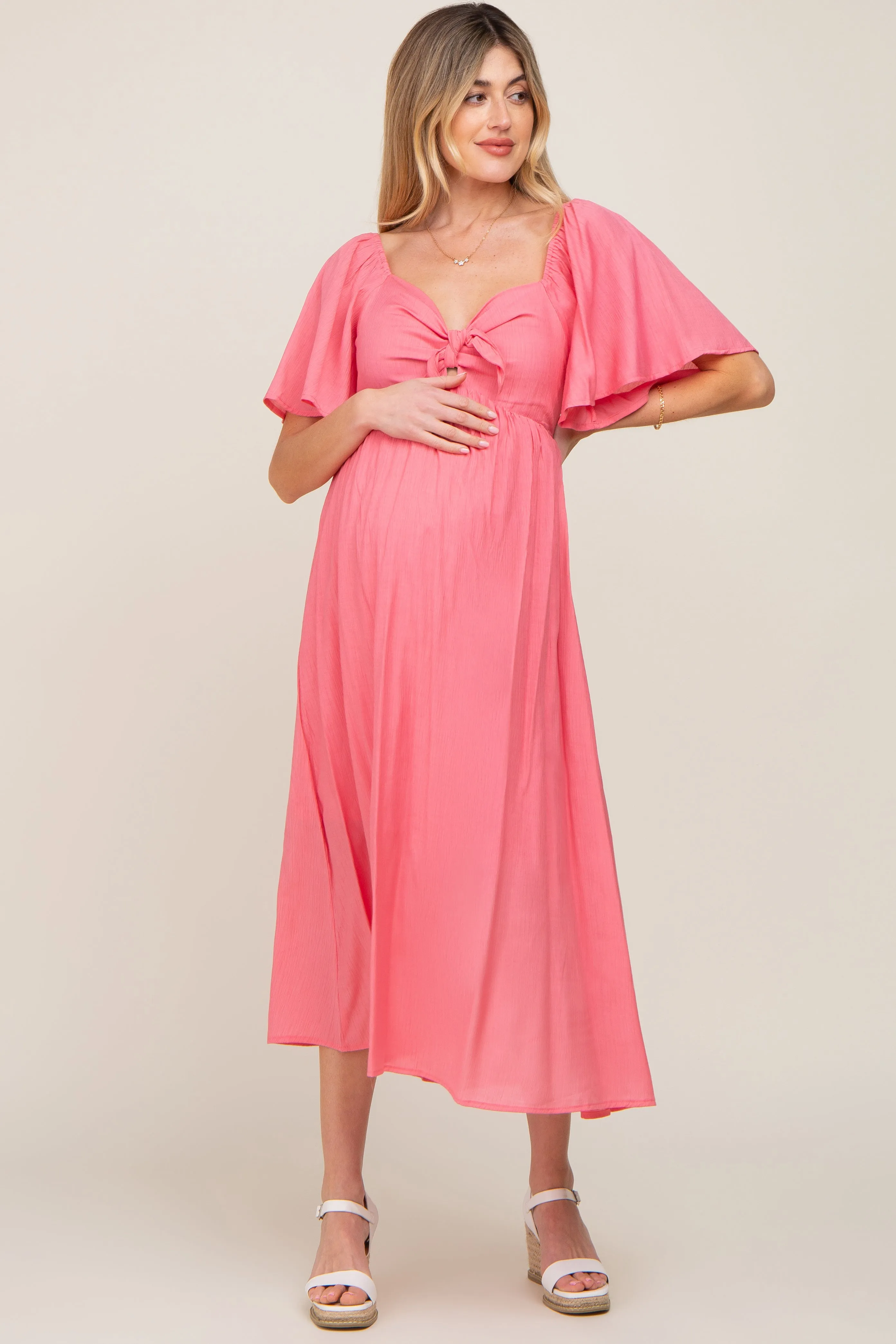 Coral Front Tie Ruffle Sleeve Maternity Midi Dress sold by Pinkblush product image thumbnail 4