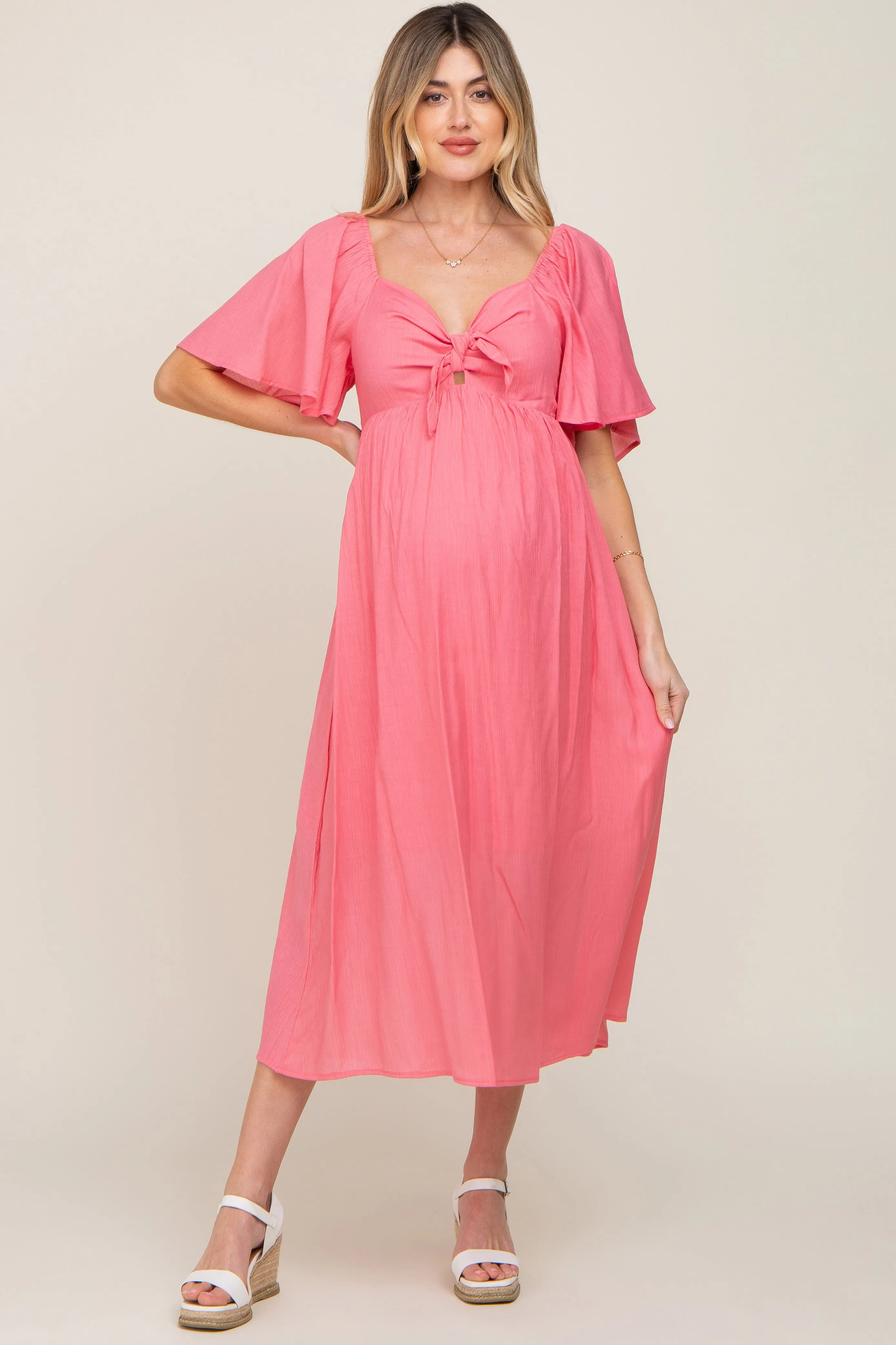 Coral Front Tie Ruffle Sleeve Maternity Midi Dress sold by Pinkblush