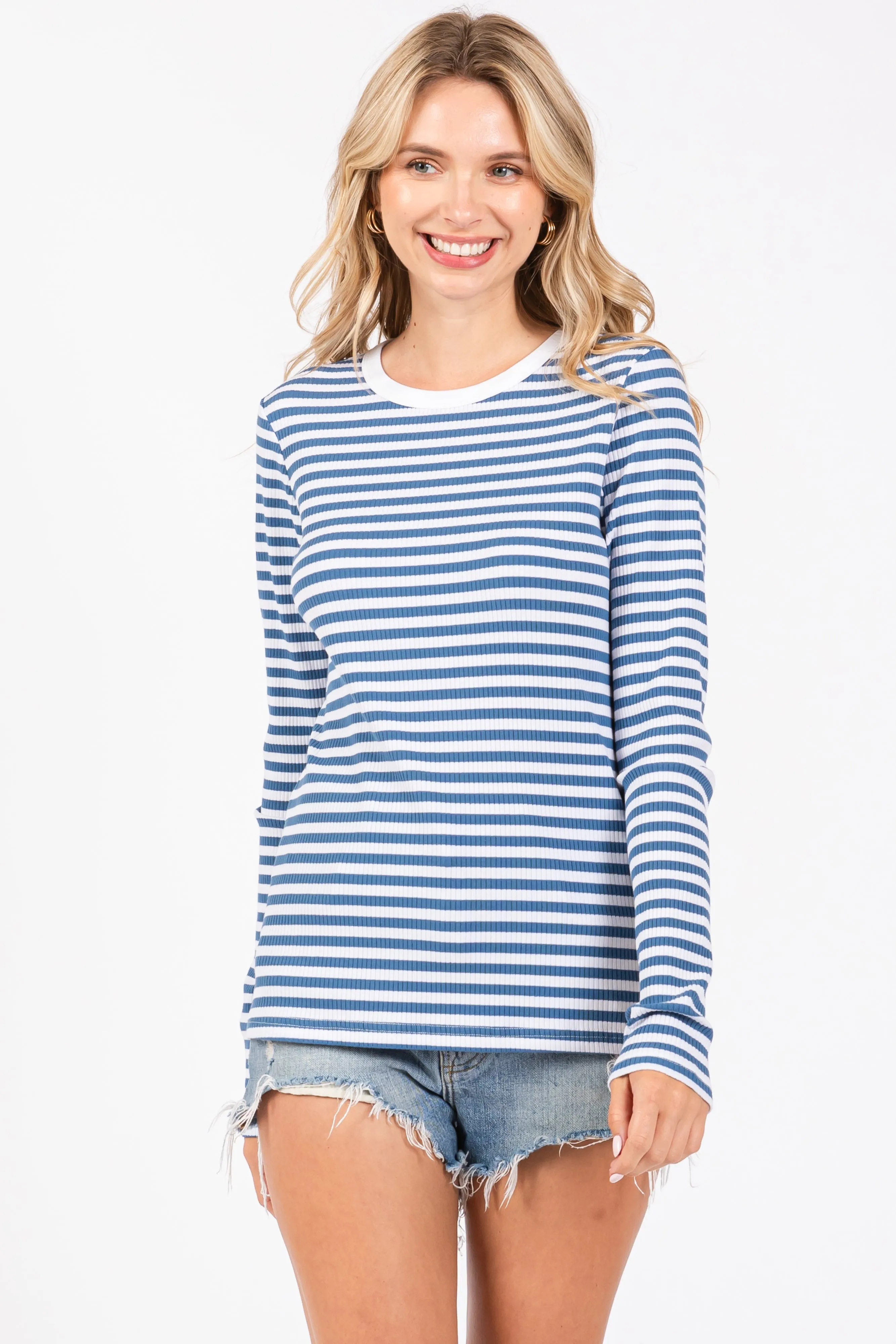 Blue Striped Long Sleeve Ribbed Top sold by Pinkblush