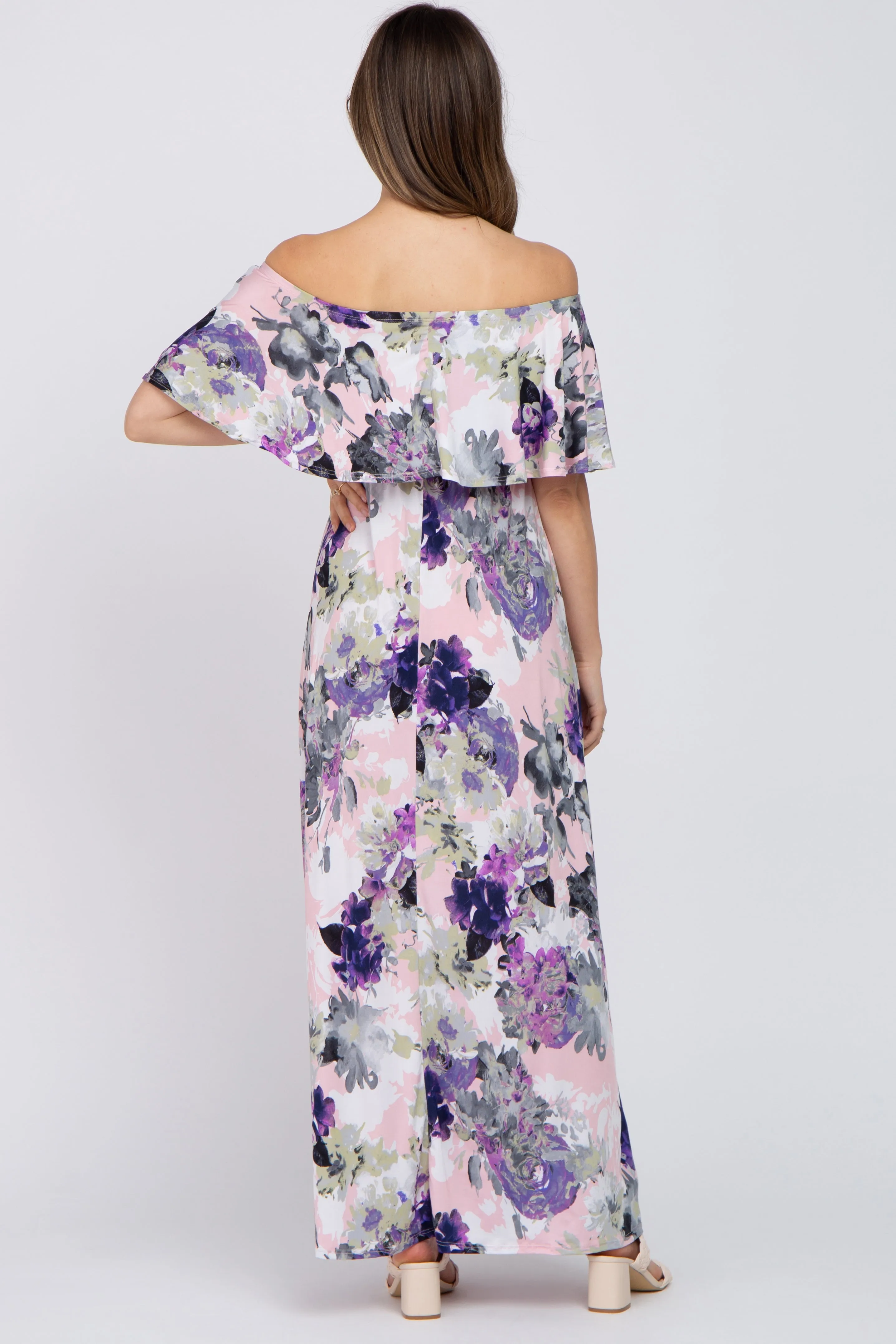 Purple Floral Ruffle Off Shoulder Maternity Maxi Dress sold by Pinkblush product image thumbnail 3