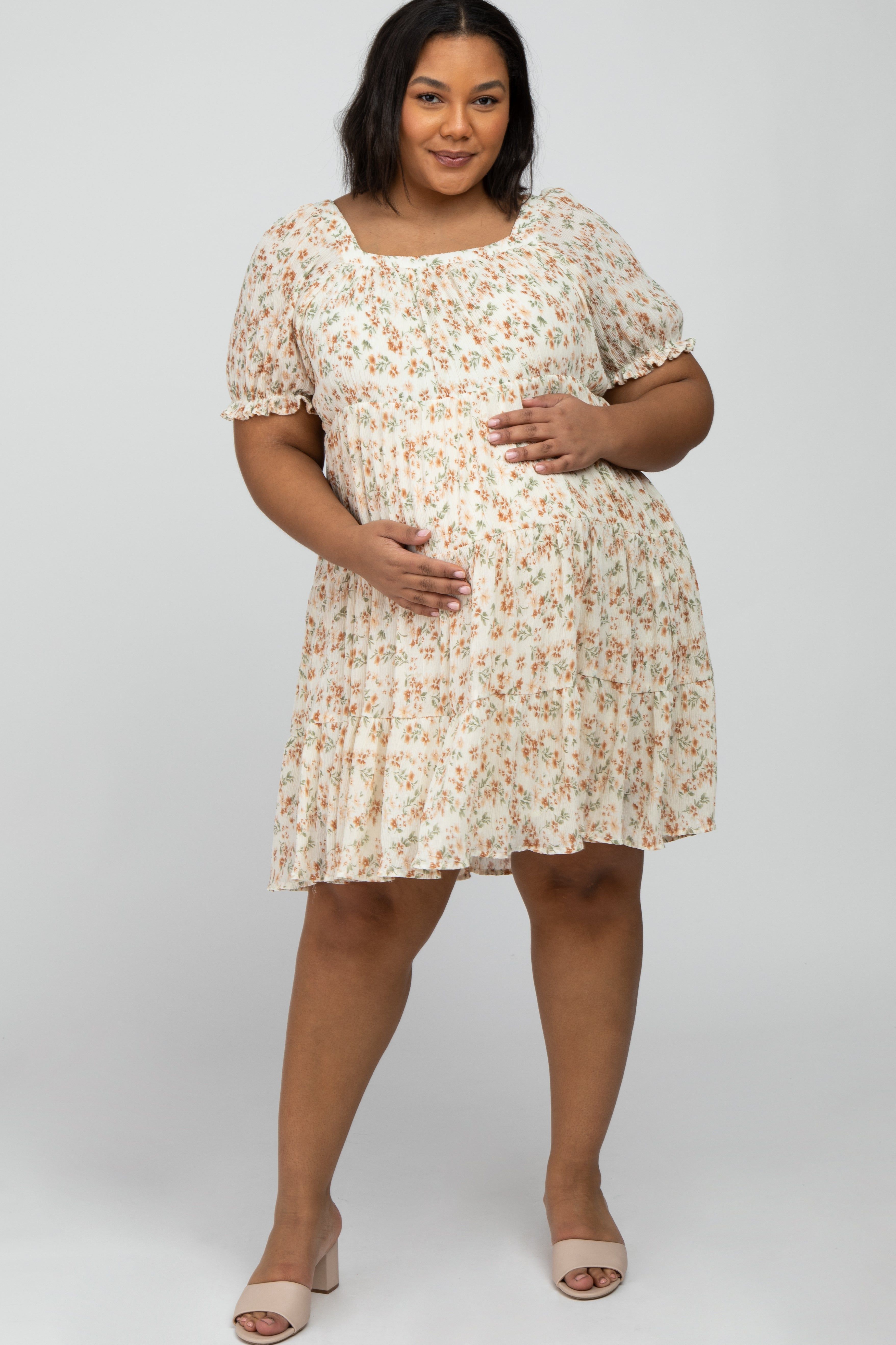 Ivory Floral Pleated Square Neck Maternity Plus Dress sold by Pinkblush