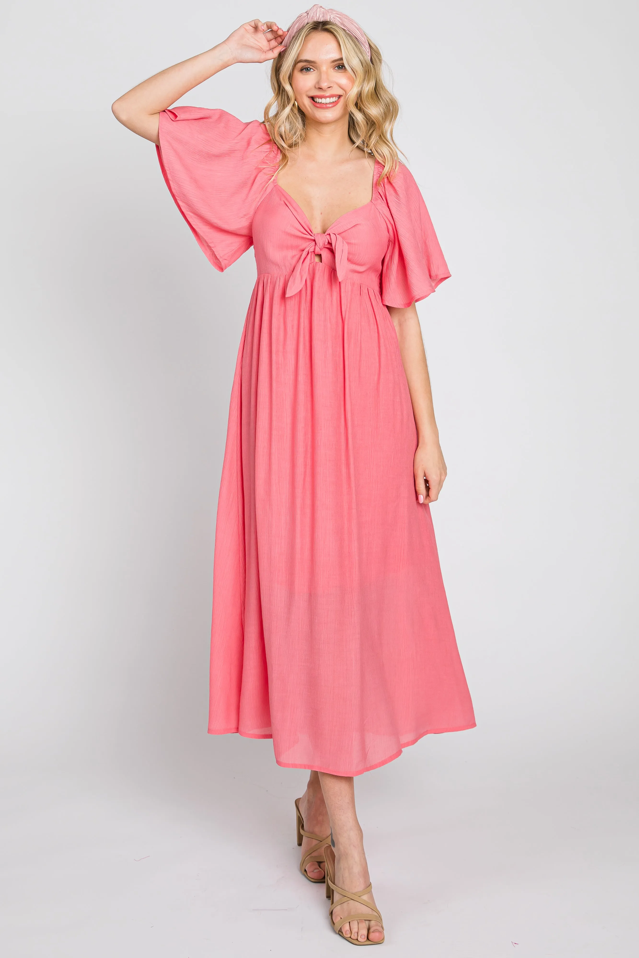 Coral Front Tie Ruffle Sleeve Maternity Midi Dress sold by Pinkblush product image thumbnail 5