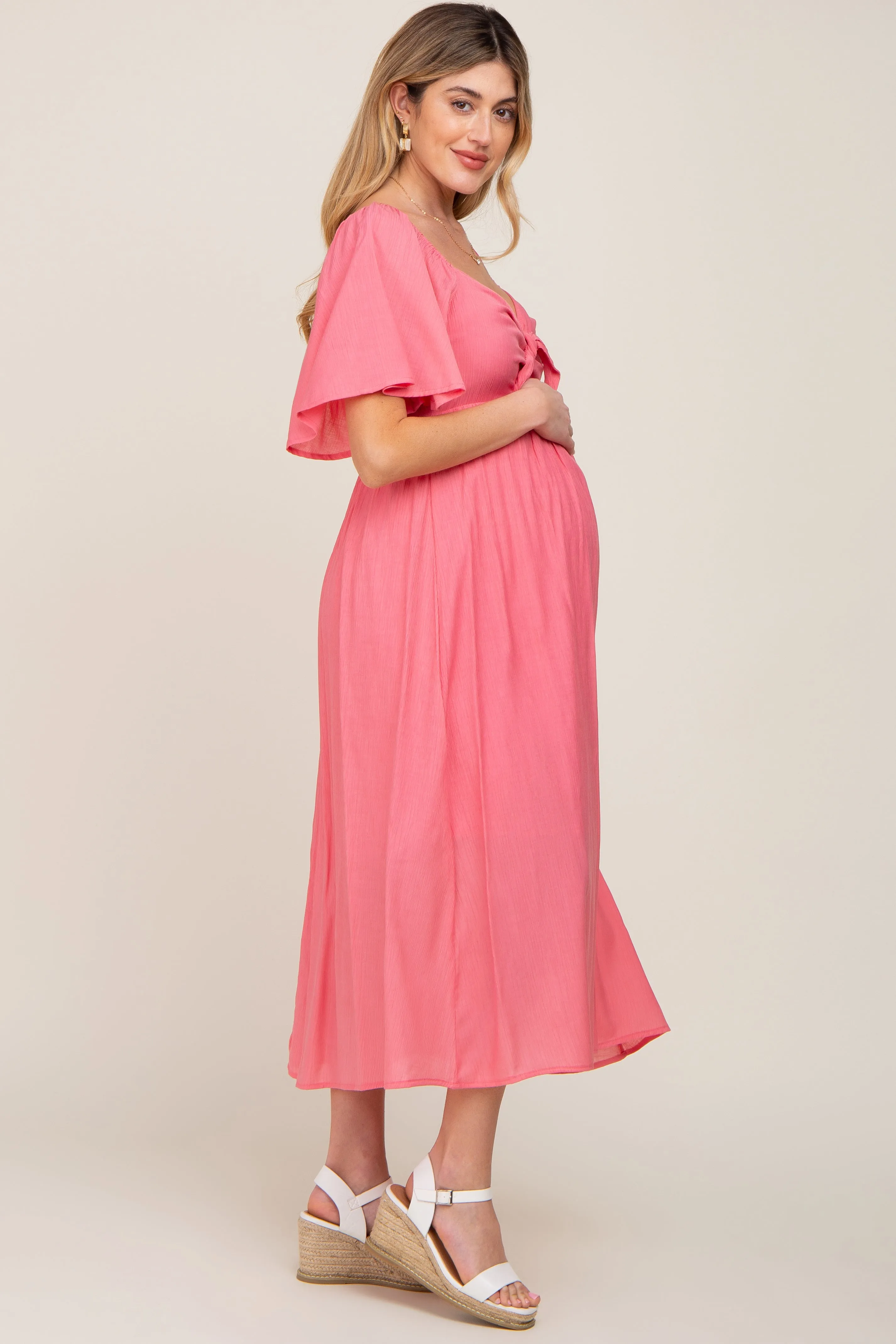 Coral Front Tie Ruffle Sleeve Maternity Midi Dress sold by Pinkblush product image thumbnail 2