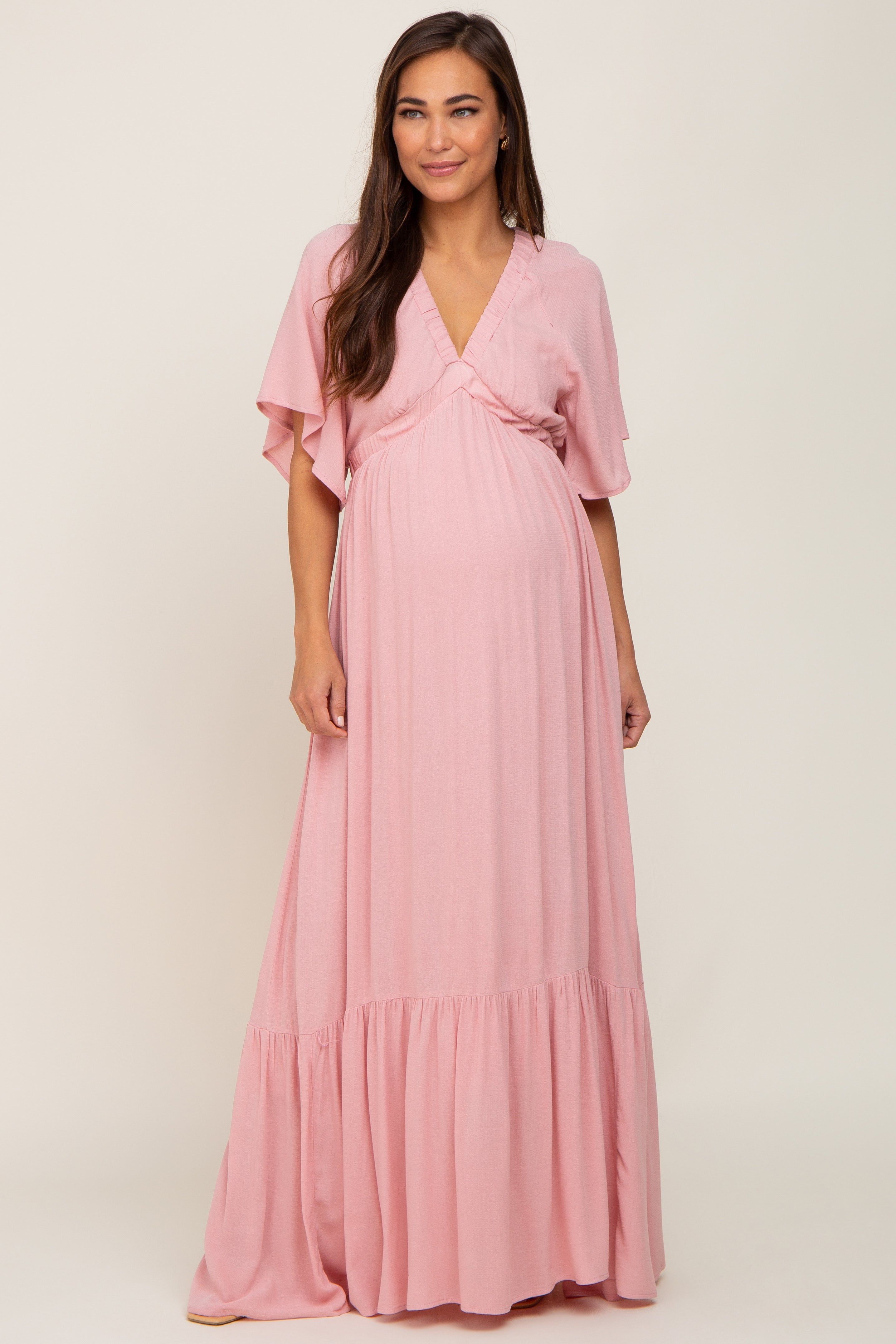 Light Pink V-Neck Flounce Sleeve Maternity Maxi Dress sold by Pinkblush product image thumbnail 4