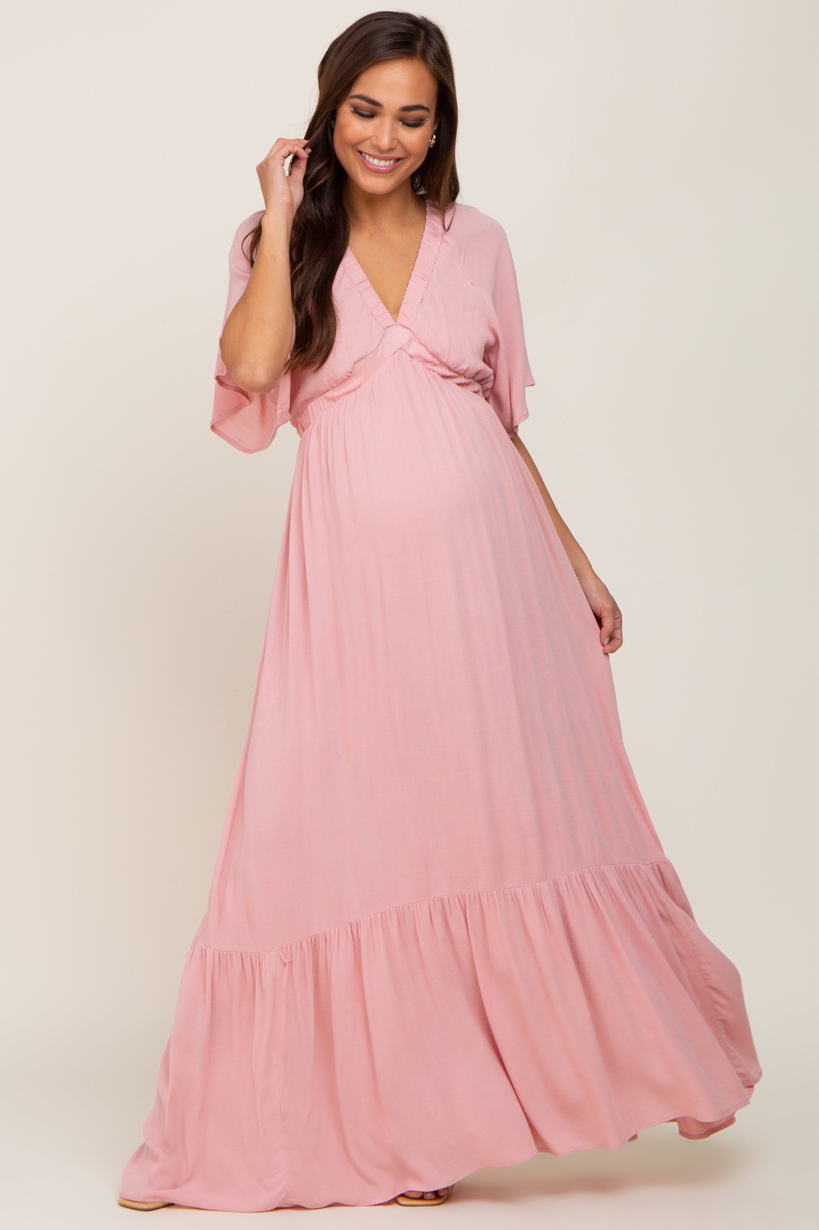 Light Pink V-Neck Flounce Sleeve Maternity Maxi Dress sold by Pinkblush