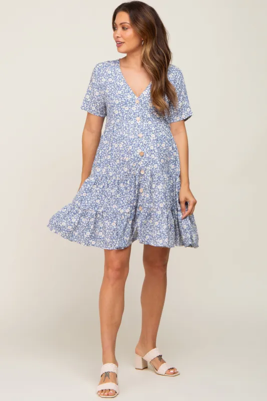 Blue Floral Button Front Tiered Short Sleeve Maternity Dress sold by Pinkblush