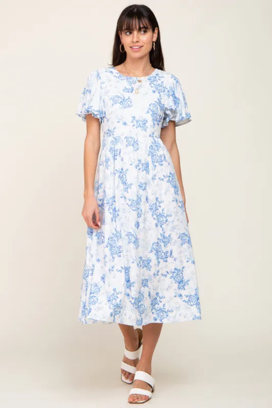 White Floral Short Flutter Sleeve Back Cutout Midi Dress sold by Pinkblush