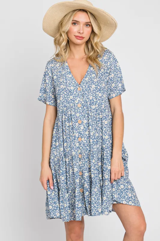 Blue Floral Button Front Tiered Short Sleeve Dress sold by Pinkblush