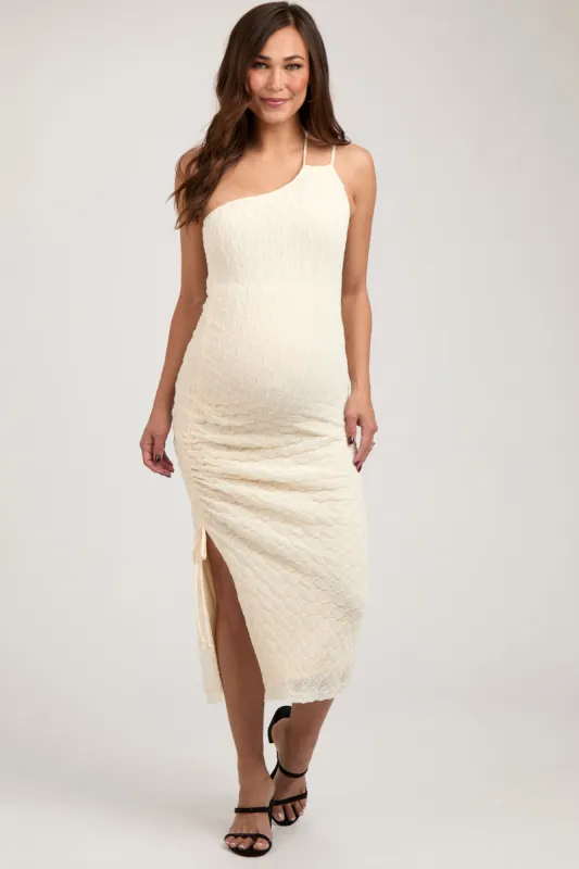 Ivory Textured One Shoulder Maternity Midi Dress sold by Pinkblush