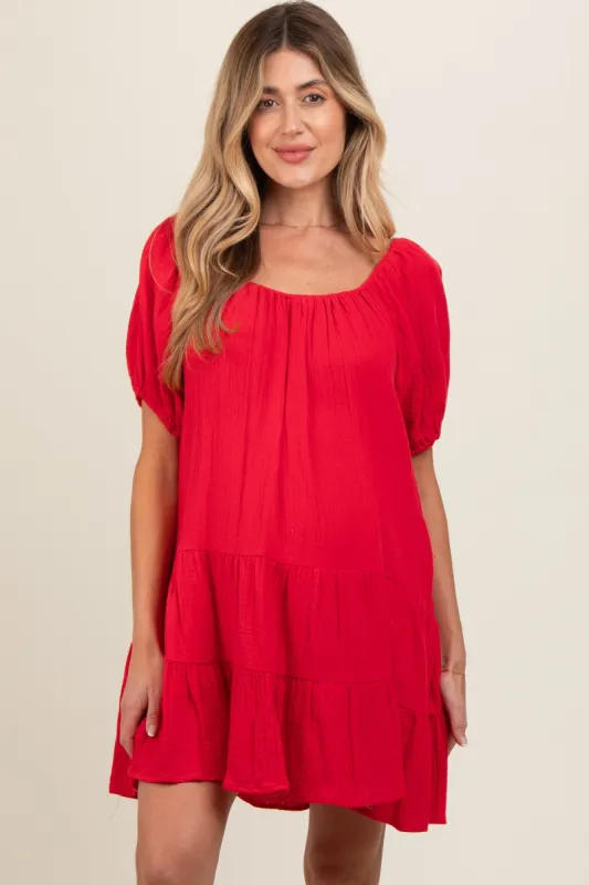 Red Ribbon Back Detail Puff Sleeve Maternity Mini Dress sold by Pinkblush