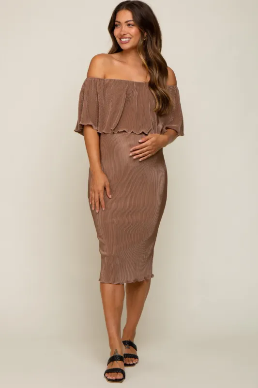 Mocha Pleated Rib Off Shoulder Maternity Dress sold by Pinkblush