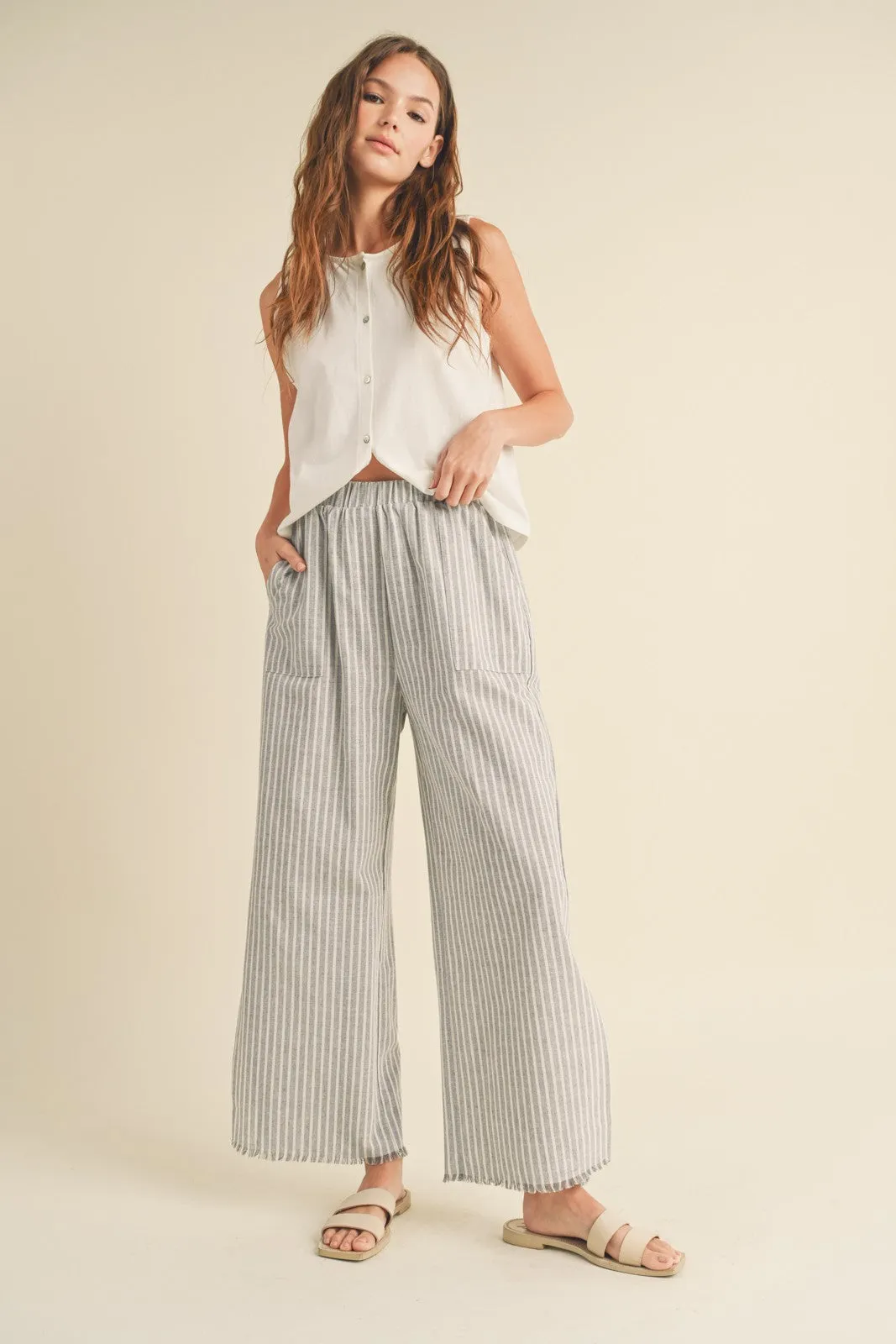 Heather Grey Striped Linen Slit Hem Pants sold by Pinkblush