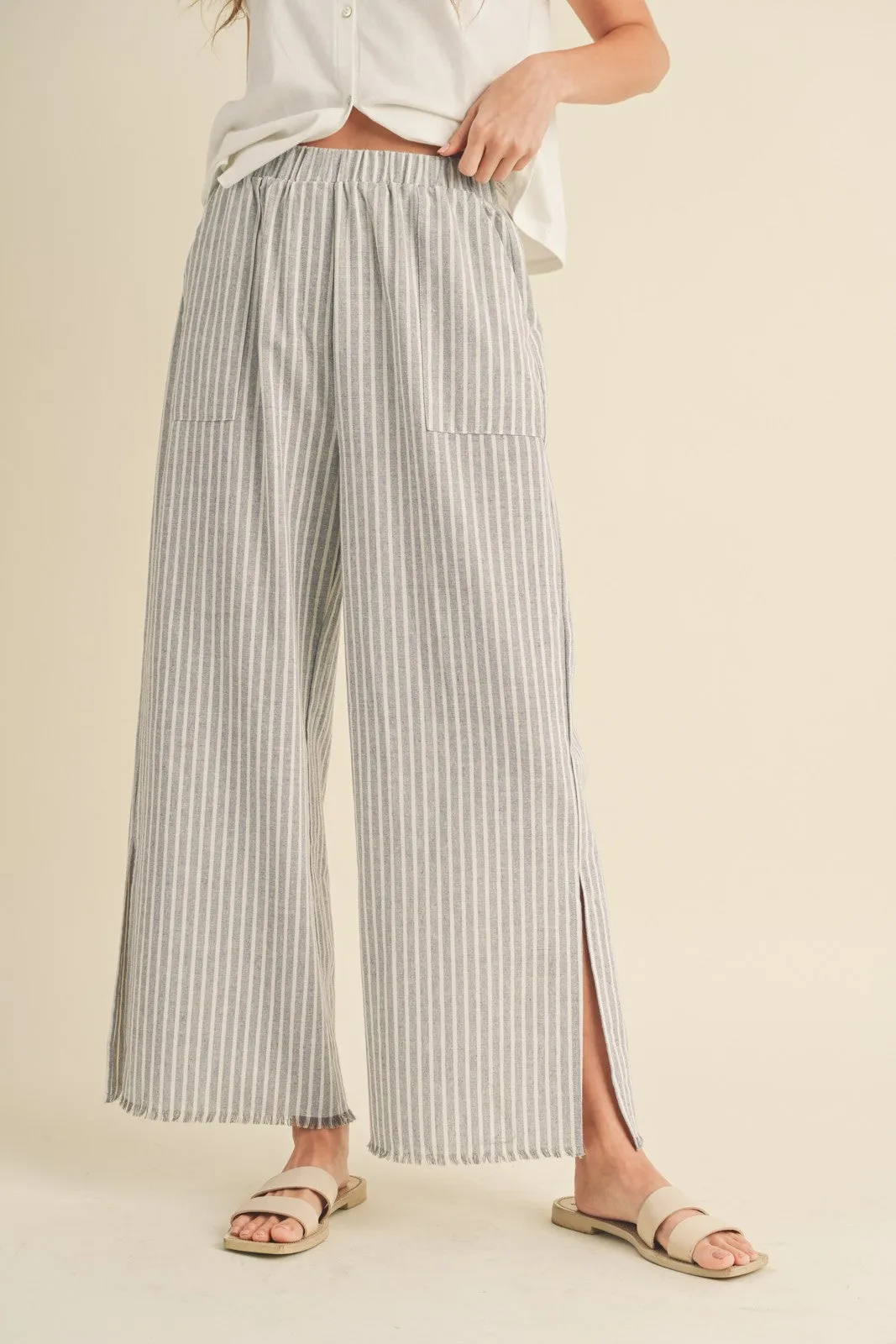 Heather Grey Striped Linen Slit Hem Pants sold by Pinkblush product image thumbnail 2