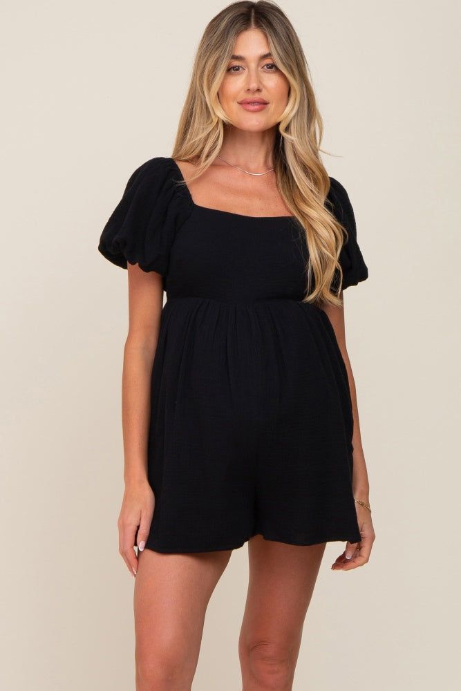 Black Puff Sleeve Maternity Romper sold by Pinkblush