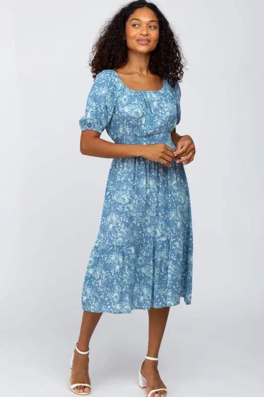 Blue Floral Scoop Neck Bubble Sleeve Midi Dress sold by Pinkblush