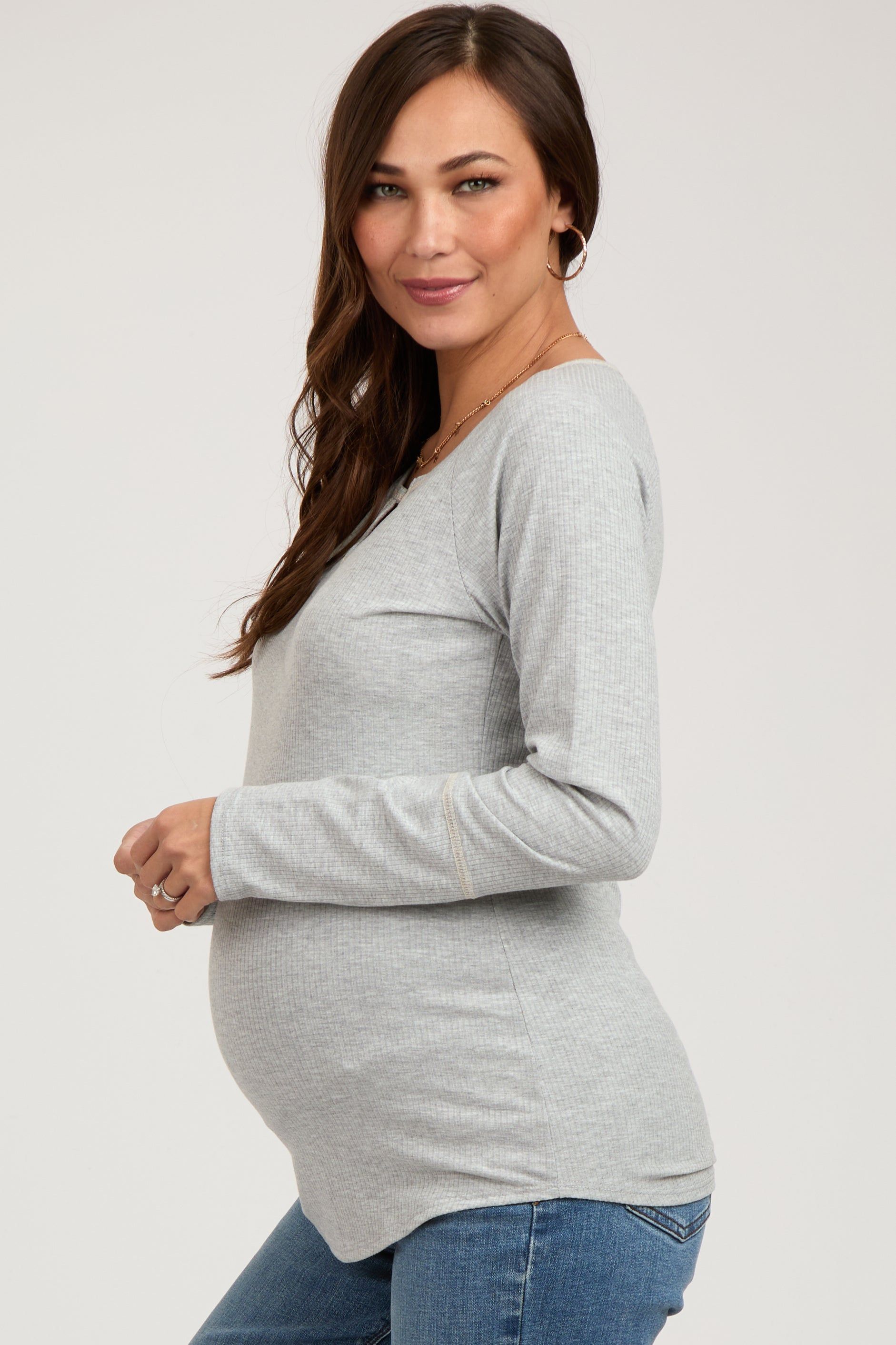 Heather Grey V-Neck Maternity Long Sleeve Shirt sold by Pinkblush product image thumbnail 3