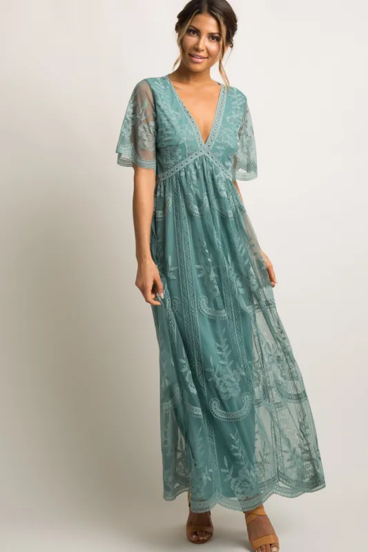 Sage Lace Mesh Overlay Maxi Dress sold by Pinkblush