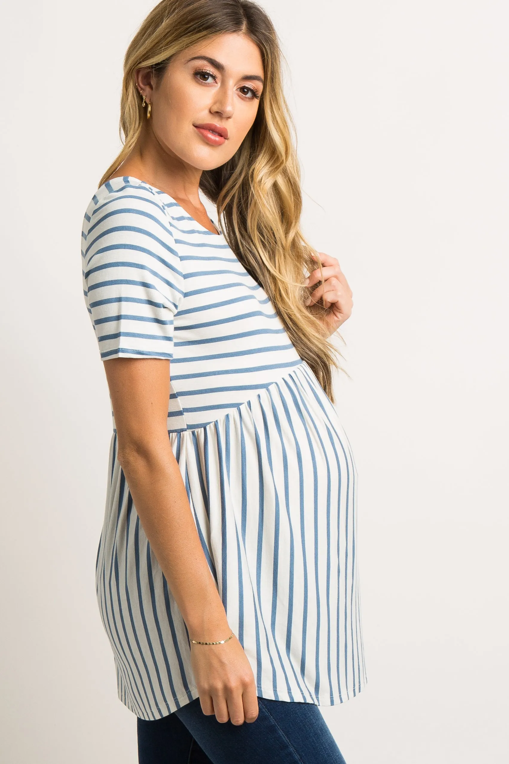 PinkBlush Blue Striped Cross Back Peplum Maternity Top sold by Pinkblush product image thumbnail 3
