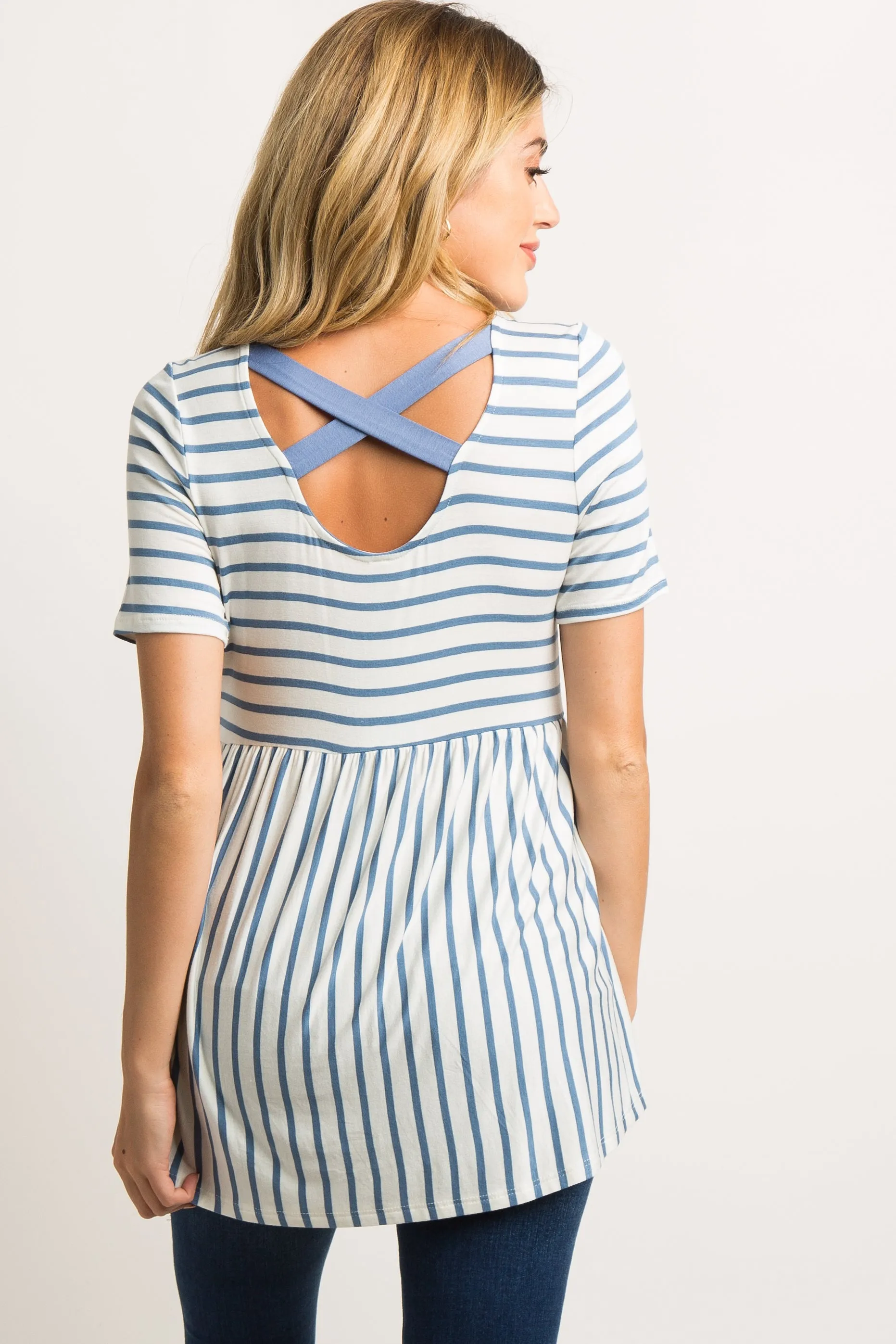 PinkBlush Blue Striped Cross Back Peplum Maternity Top sold by Pinkblush product image thumbnail 4