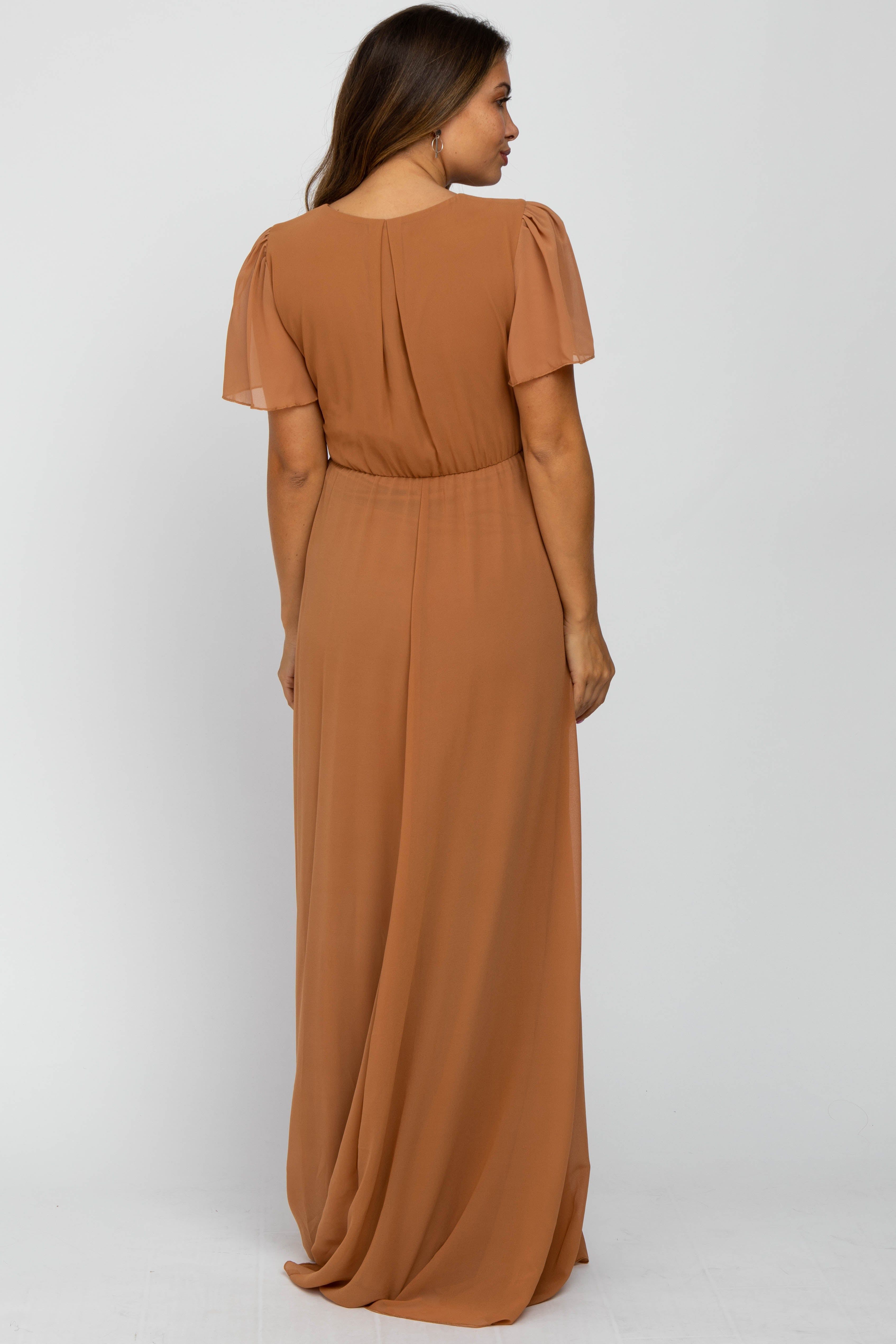 Camel Chiffon Short Sleeve Maternity Maxi Dress sold by Pinkblush product image thumbnail 3