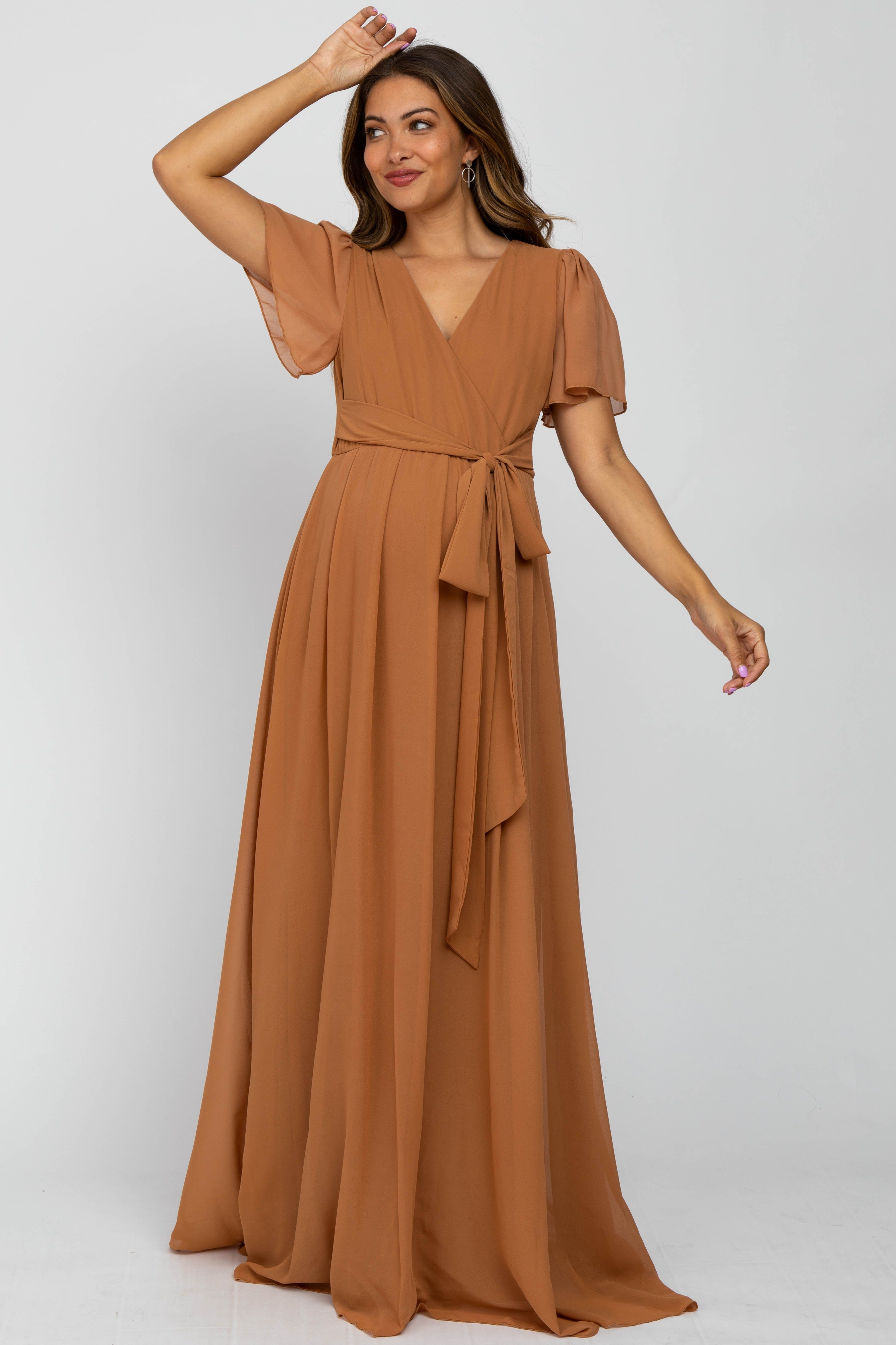 Camel Chiffon Short Sleeve Maternity Maxi Dress sold by Pinkblush