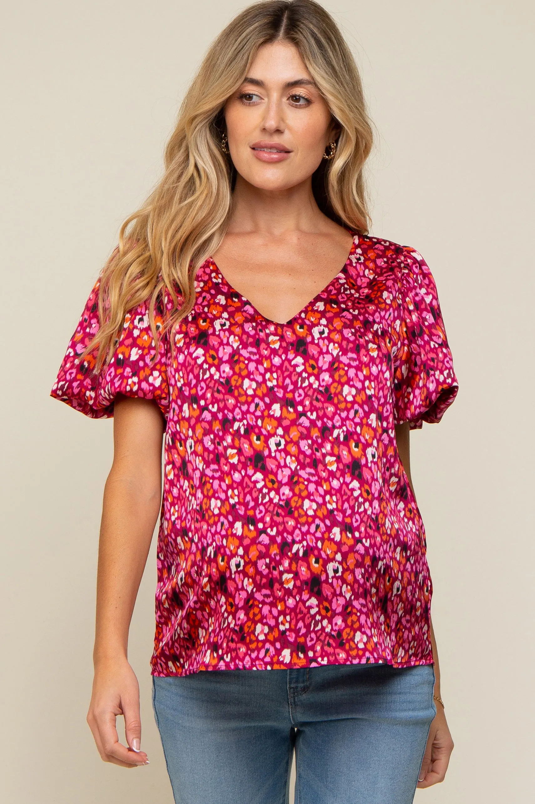 Magenta Animal Print Puff Sleeve Maternity Top sold by Pinkblush