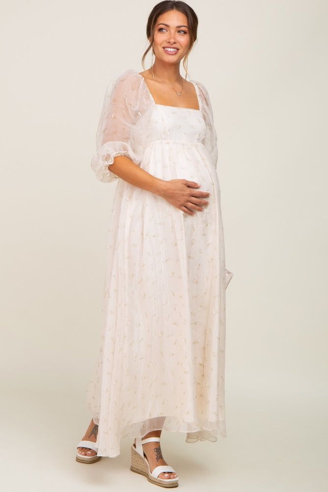 Cream Floral Square Neck Puff Sleeve Organza Maternity Maxi Dress sold by Pinkblush product image thumbnail 7