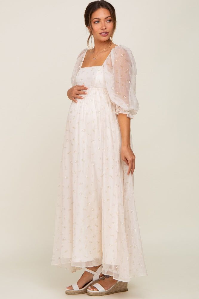 Cream Floral Square Neck Puff Sleeve Organza Maternity Maxi Dress sold by Pinkblush product image thumbnail 3