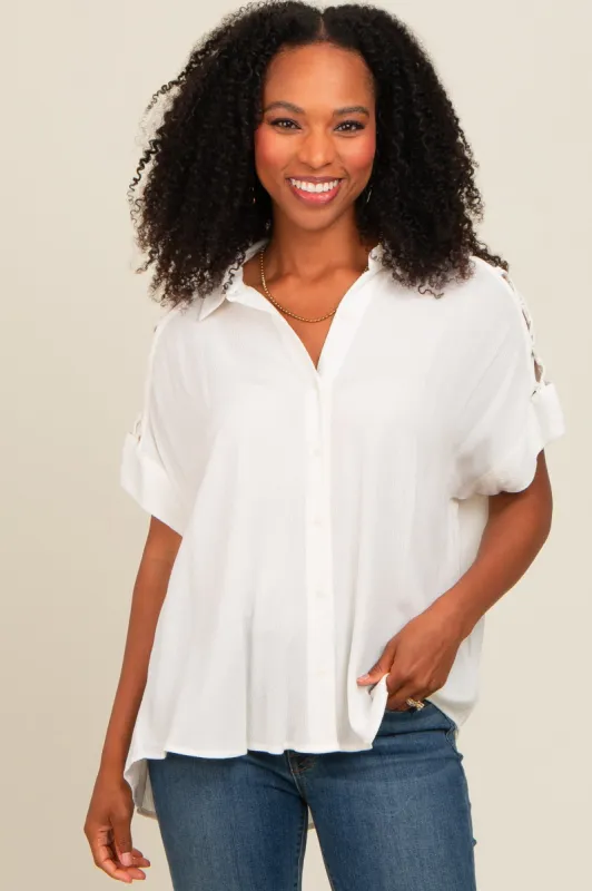 Ivory Button Down Lace-Up Shoulder Top sold by Pinkblush