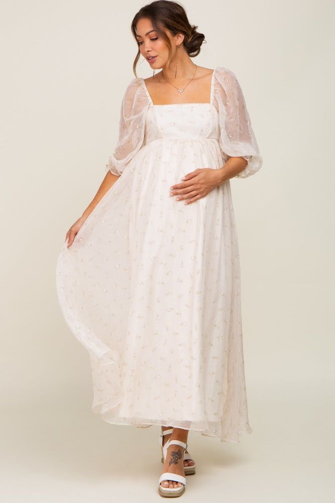 Cream Floral Square Neck Puff Sleeve Organza Maternity Maxi Dress sold by Pinkblush product image thumbnail 6