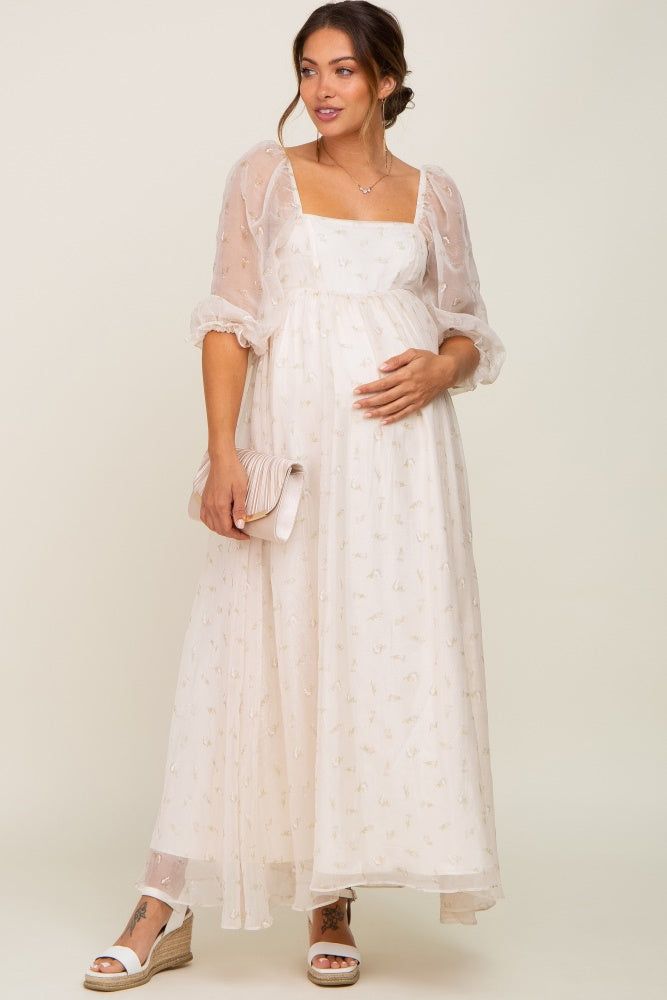 Cream Floral Square Neck Puff Sleeve Organza Maternity Maxi Dress sold by Pinkblush